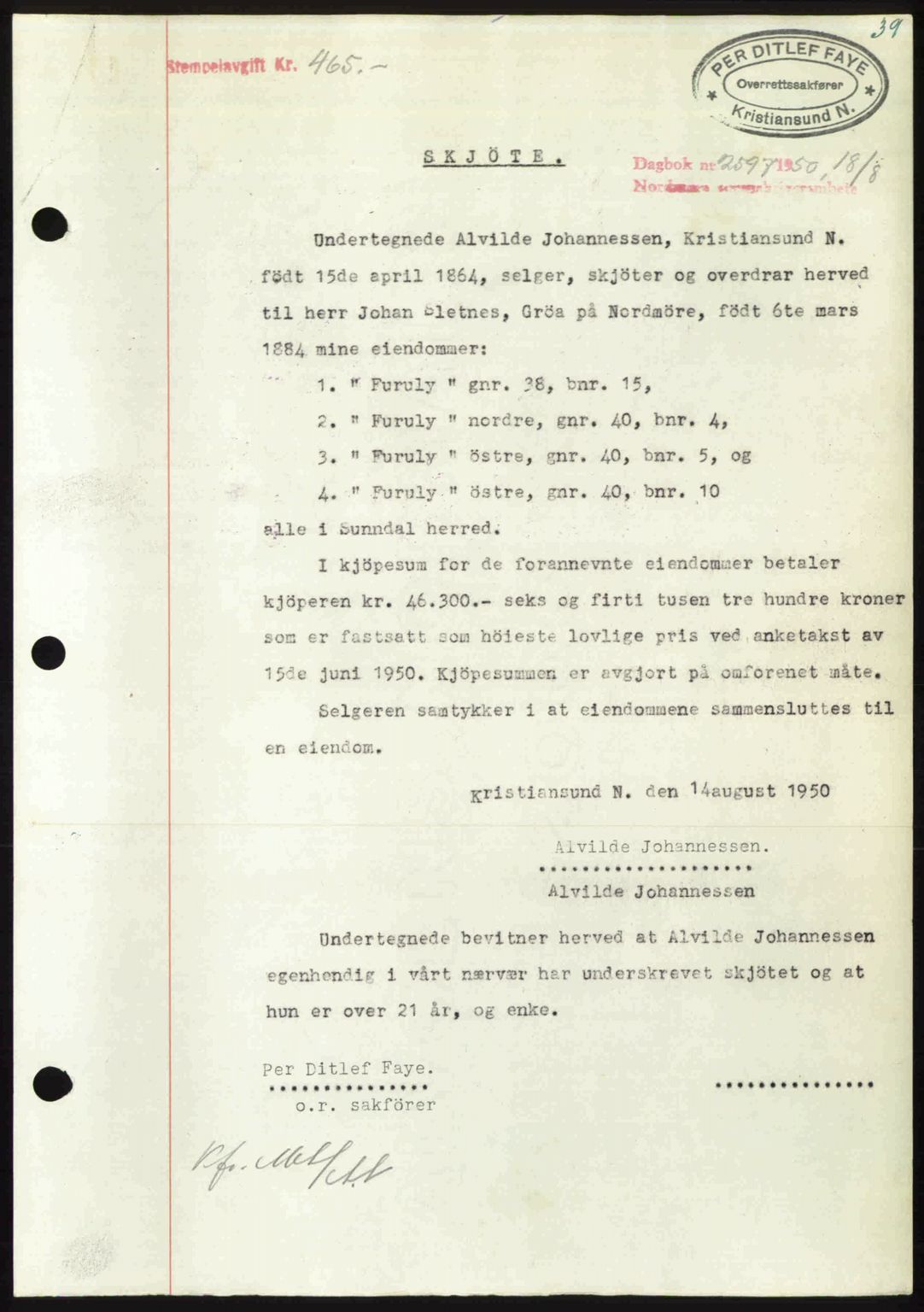 Nordmøre sorenskriveri, SAT/A-4132/1/2/2Ca: Pantebok nr. A116, 1950-1950, Dagboknr: 2597/1950