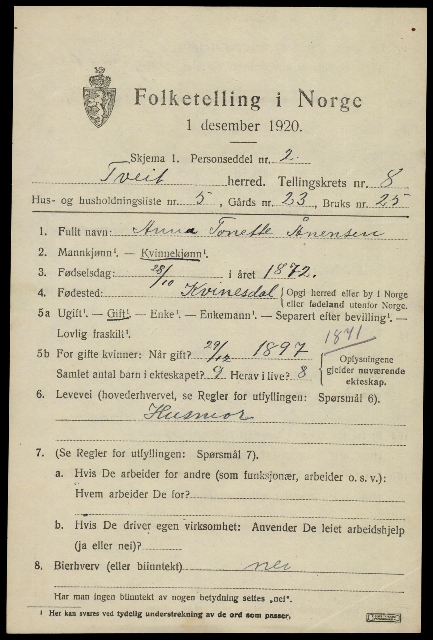 SAK, Folketelling 1920 for 1013 Tveit herred, 1920, s. 3510