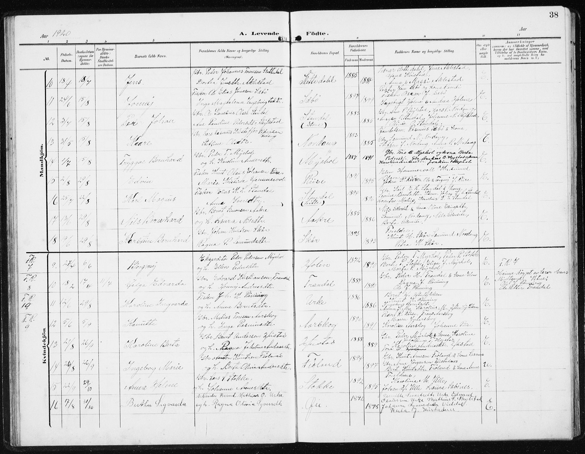 Ministerialprotokoller, klokkerbøker og fødselsregistre - Møre og Romsdal, AV/SAT-A-1454/515/L0216: Klokkerbok nr. 515C03, 1906-1941, s. 38