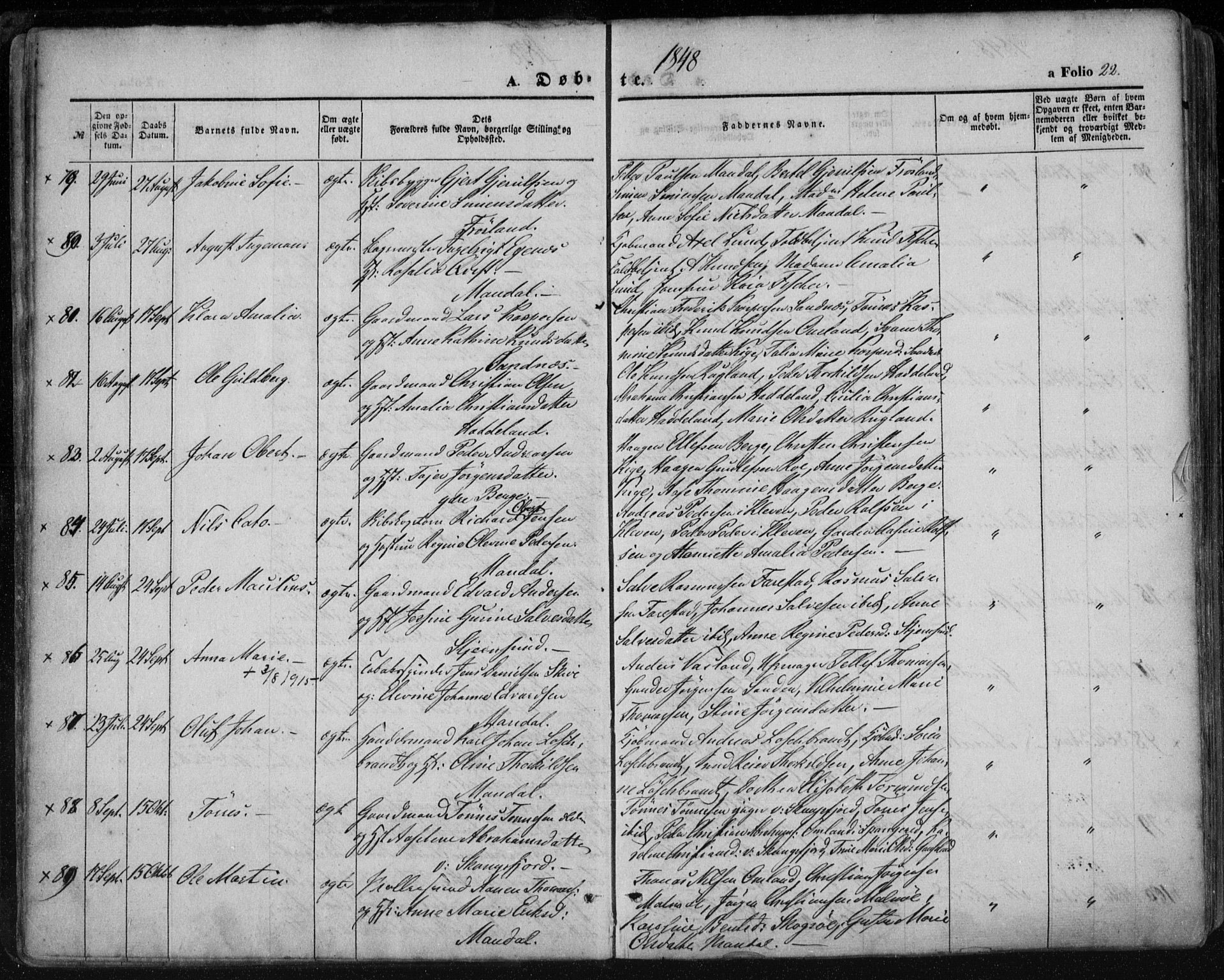 Mandal sokneprestkontor, AV/SAK-1111-0030/F/Fa/Faa/L0013: Ministerialbok nr. A 13, 1847-1859, s. 22