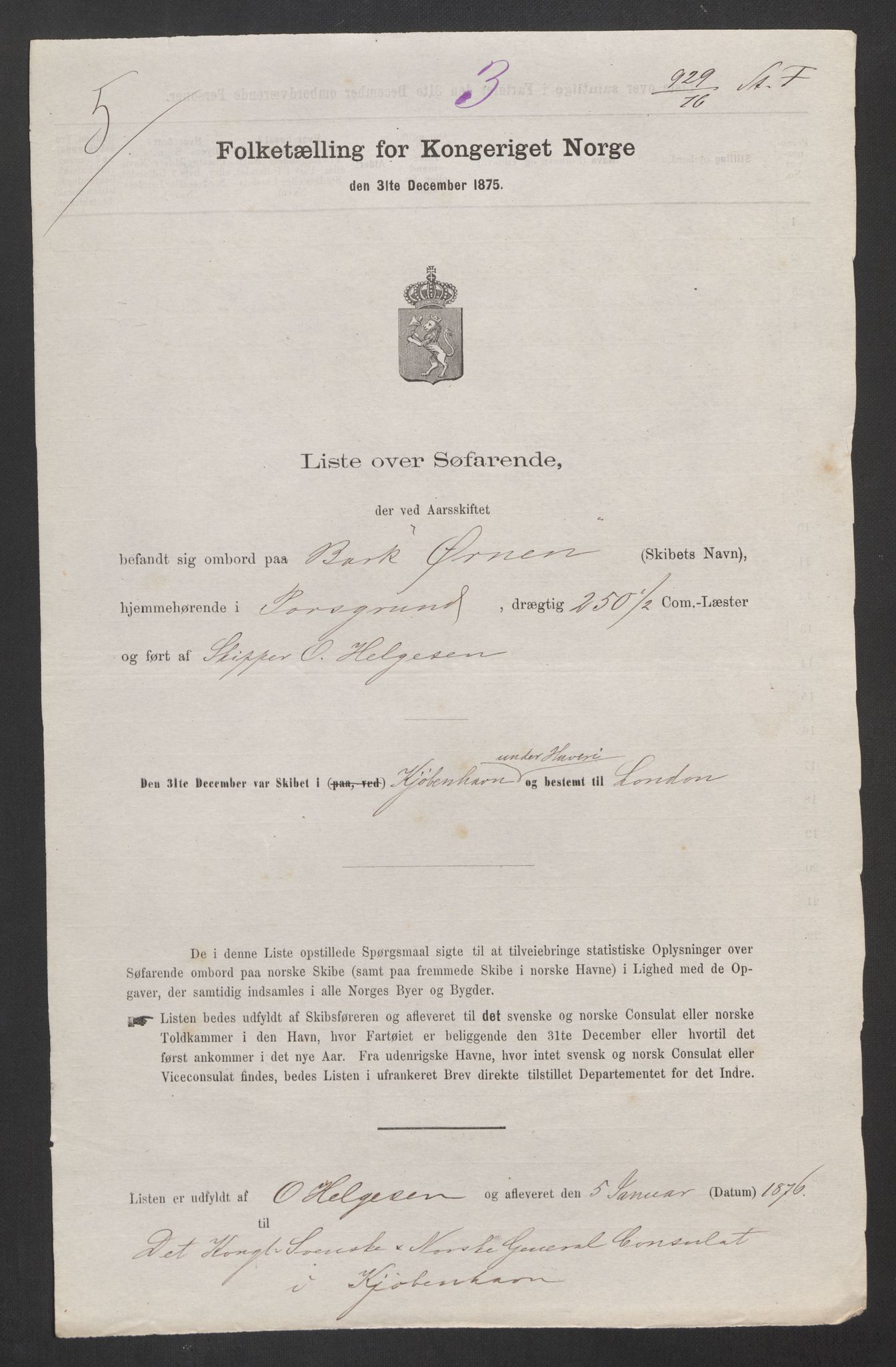 RA, Folketelling 1875, skipslister: Skip i utenrikske havner, hjemmehørende i byer og ladesteder, Fredrikshald - Arendal, 1875, s. 801