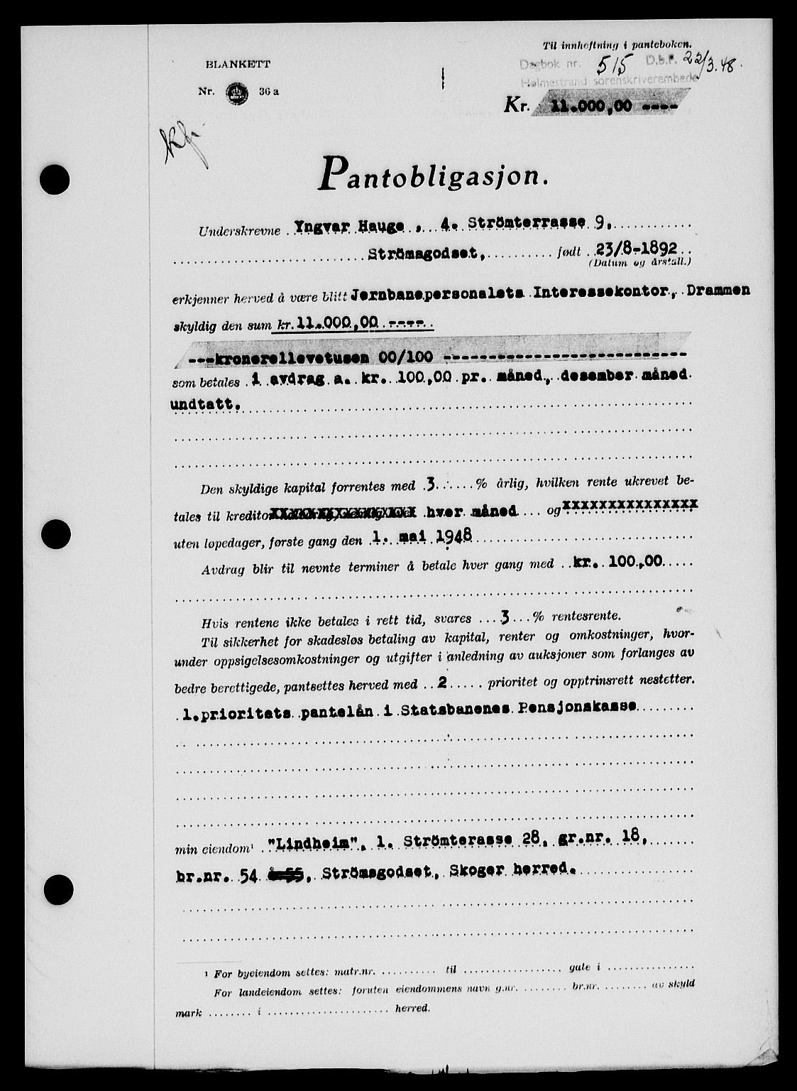 Holmestrand sorenskriveri, SAKO/A-67/G/Ga/Gab/L0058: Pantebok nr. B-58, 1947-1948, Dagboknr: 515/1948