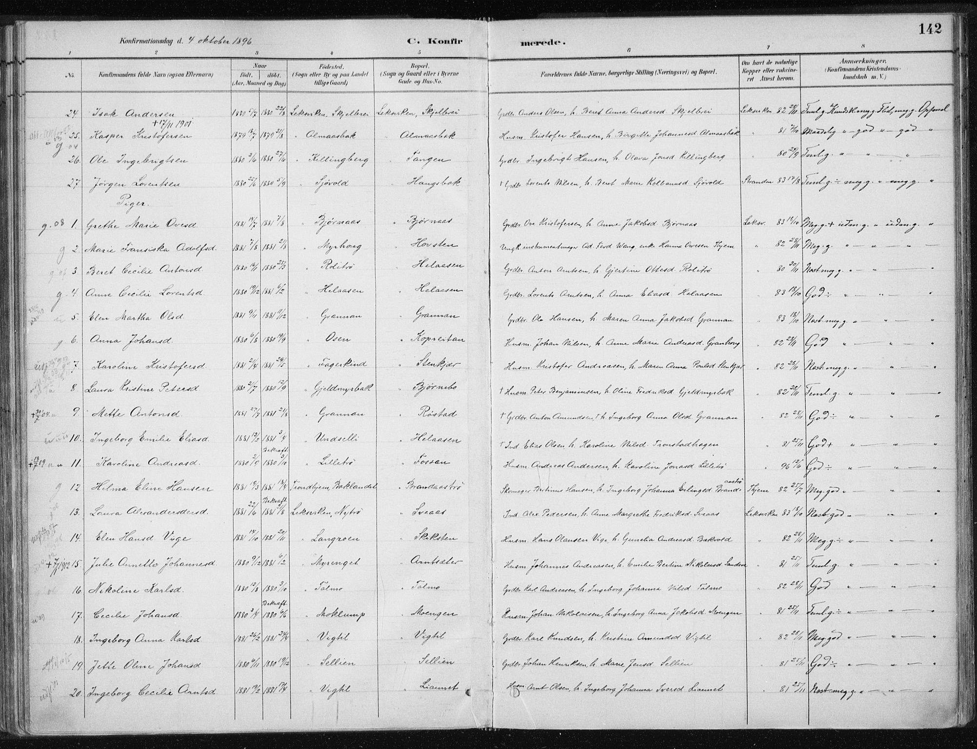 Ministerialprotokoller, klokkerbøker og fødselsregistre - Nord-Trøndelag, AV/SAT-A-1458/701/L0010: Ministerialbok nr. 701A10, 1883-1899, s. 142