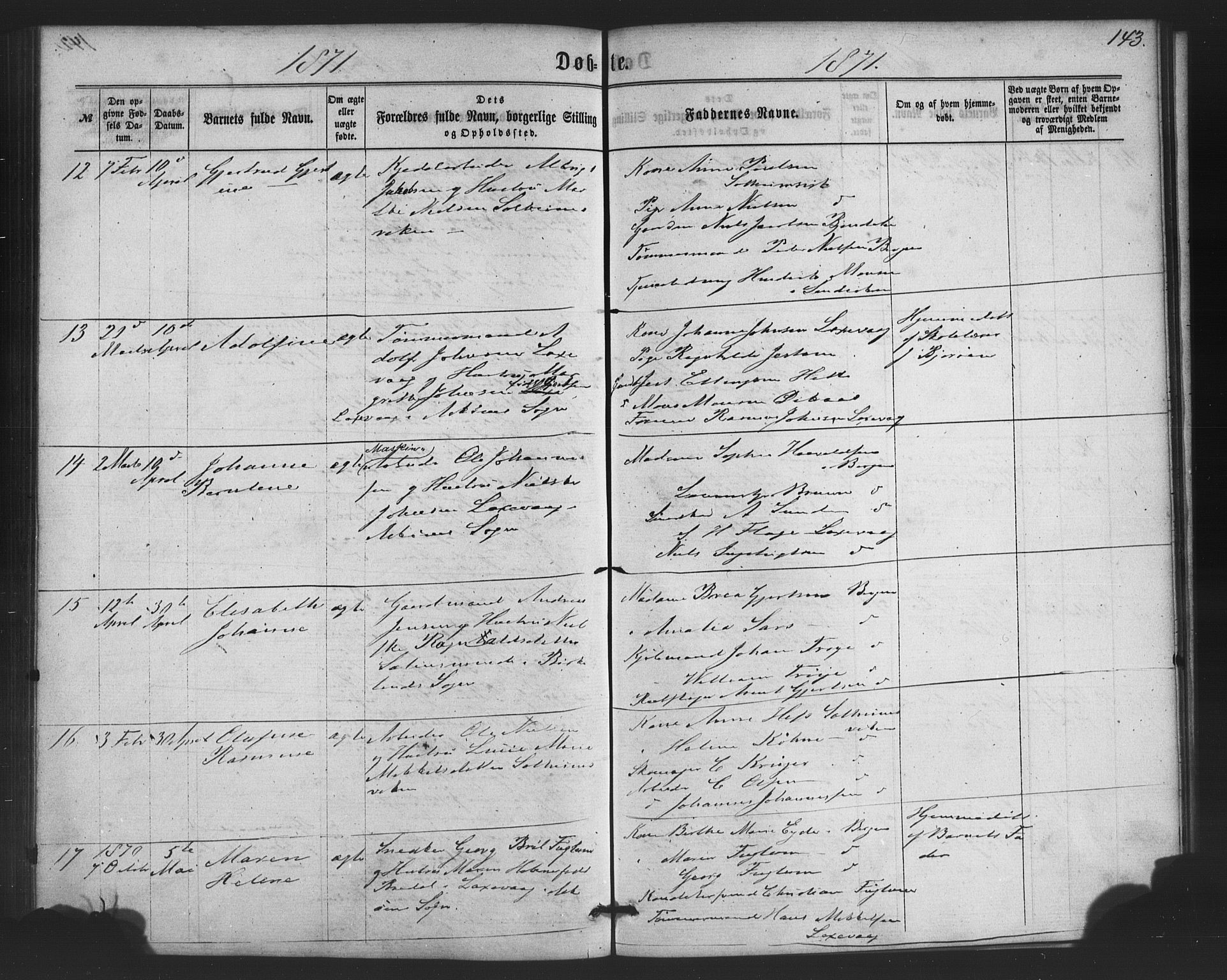 St. Jørgens hospital og Årstad sokneprestembete, AV/SAB-A-99934: Klokkerbok nr. A 3, 1863-1872, s. 143
