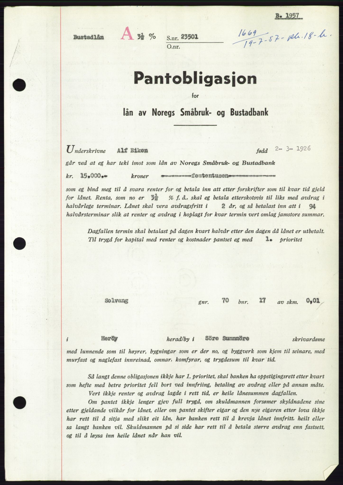 Søre Sunnmøre sorenskriveri, AV/SAT-A-4122/1/2/2C/L0130: Pantebok nr. 18B, 1957-1958, Dagboknr: 1669/1957