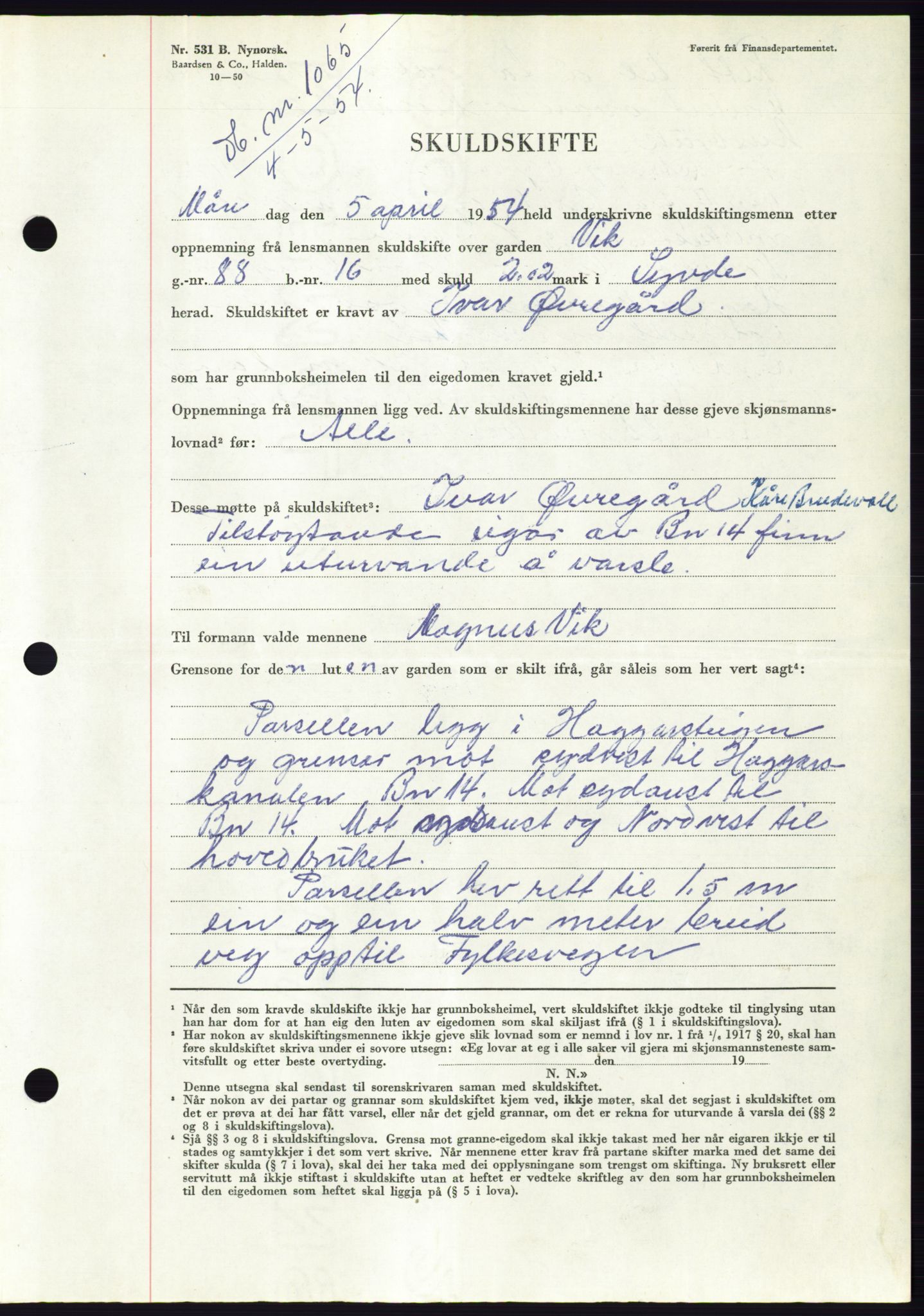 Søre Sunnmøre sorenskriveri, SAT/A-4122/1/2/2C/L0097: Pantebok nr. 23A, 1954-1954, Dagboknr: 1065/1954