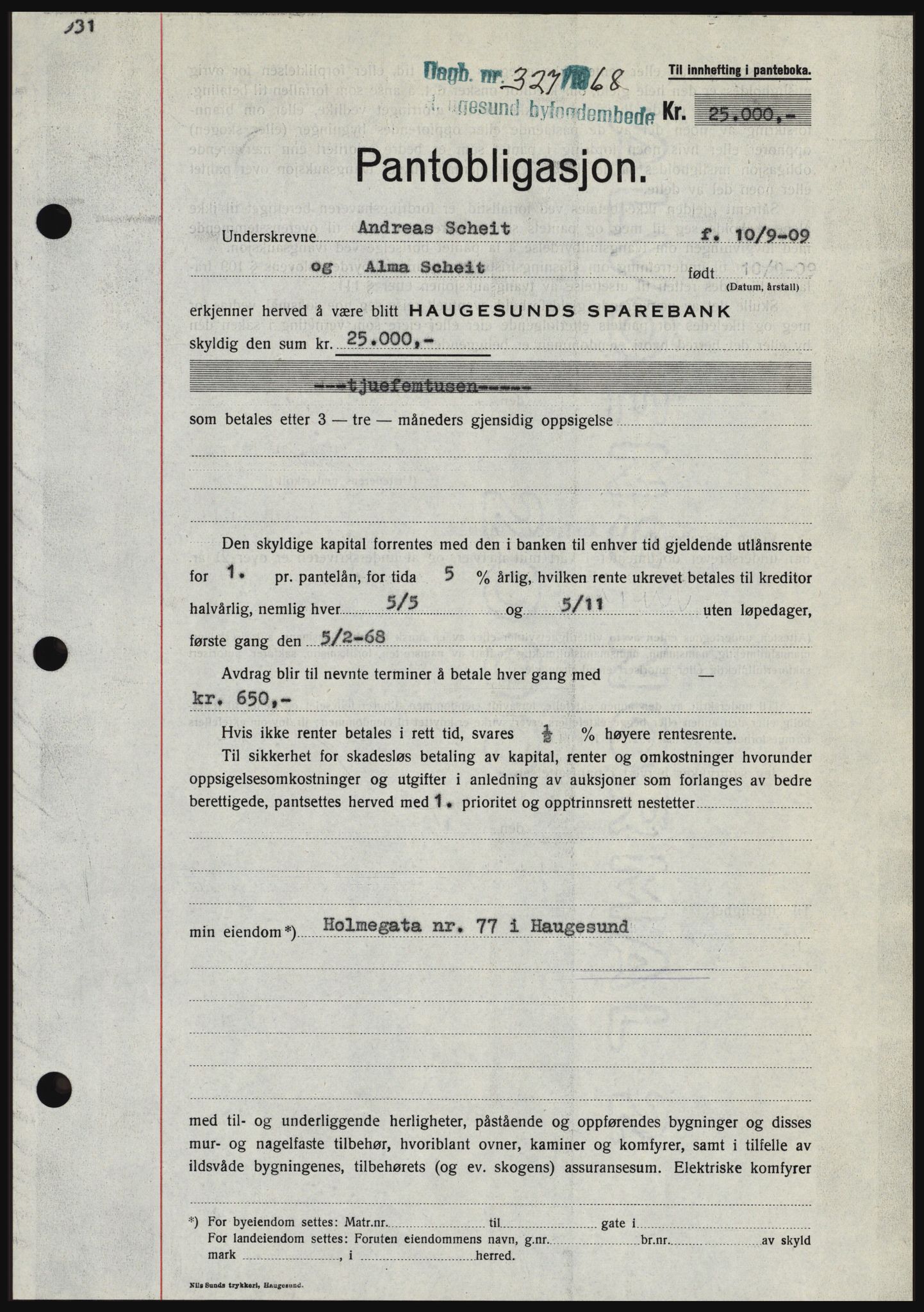 Haugesund tingrett, SAST/A-101415/01/II/IIC/L0058: Pantebok nr. B 58, 1967-1968, Dagboknr: 327/1968