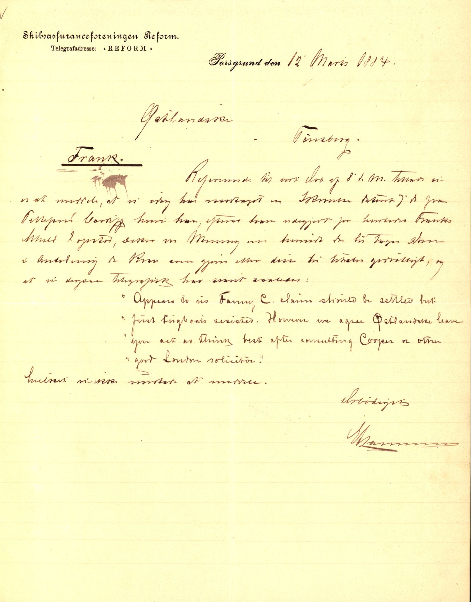 Pa 63 - Østlandske skibsassuranceforening, VEMU/A-1079/G/Ga/L0017/0002: Havaridokumenter / St. Lawrence, Frank, Souvenir, Sokrates, Augwald, 1884, s. 13