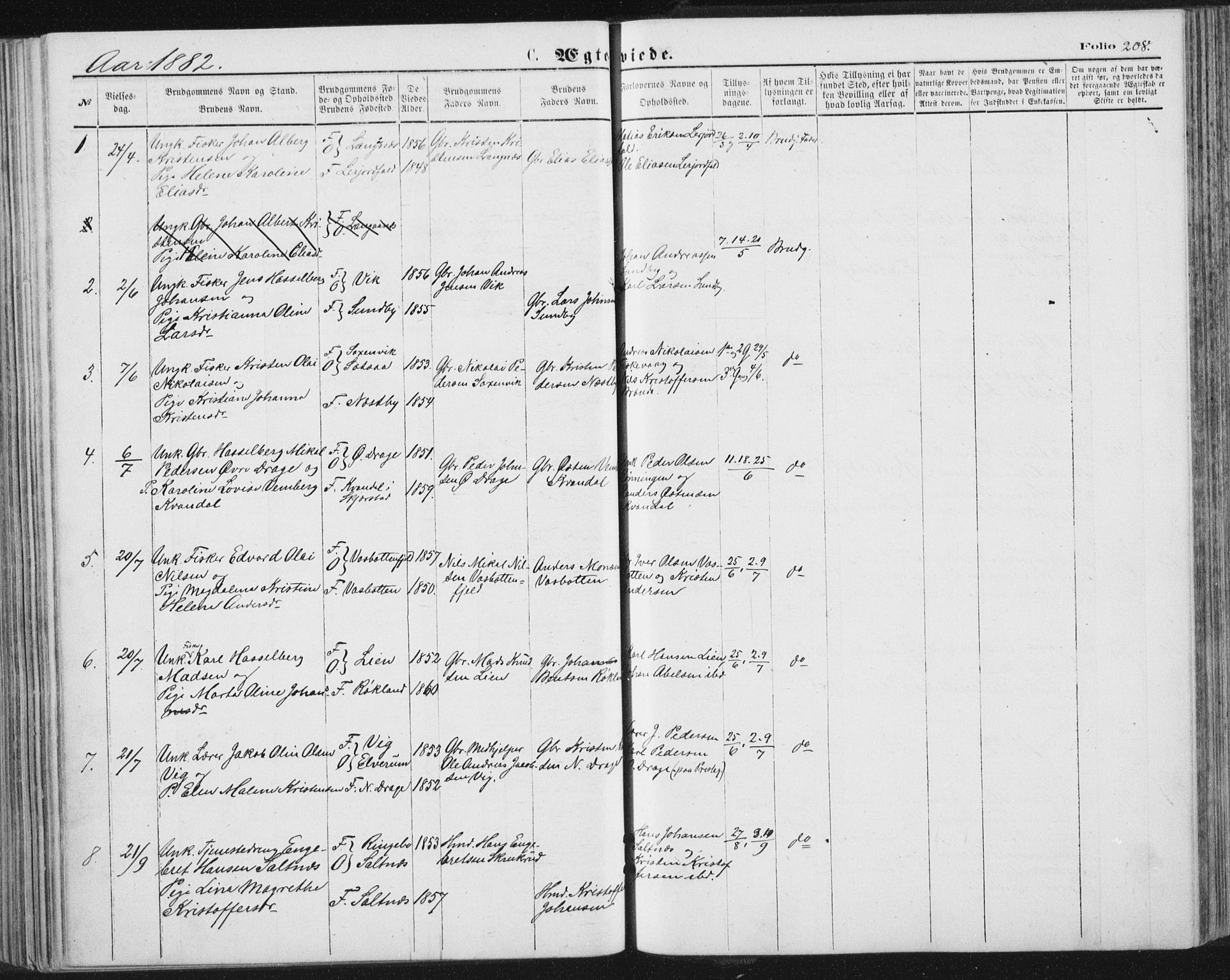 Ministerialprotokoller, klokkerbøker og fødselsregistre - Nordland, AV/SAT-A-1459/847/L0668: Ministerialbok nr. 847A08, 1872-1886, s. 208