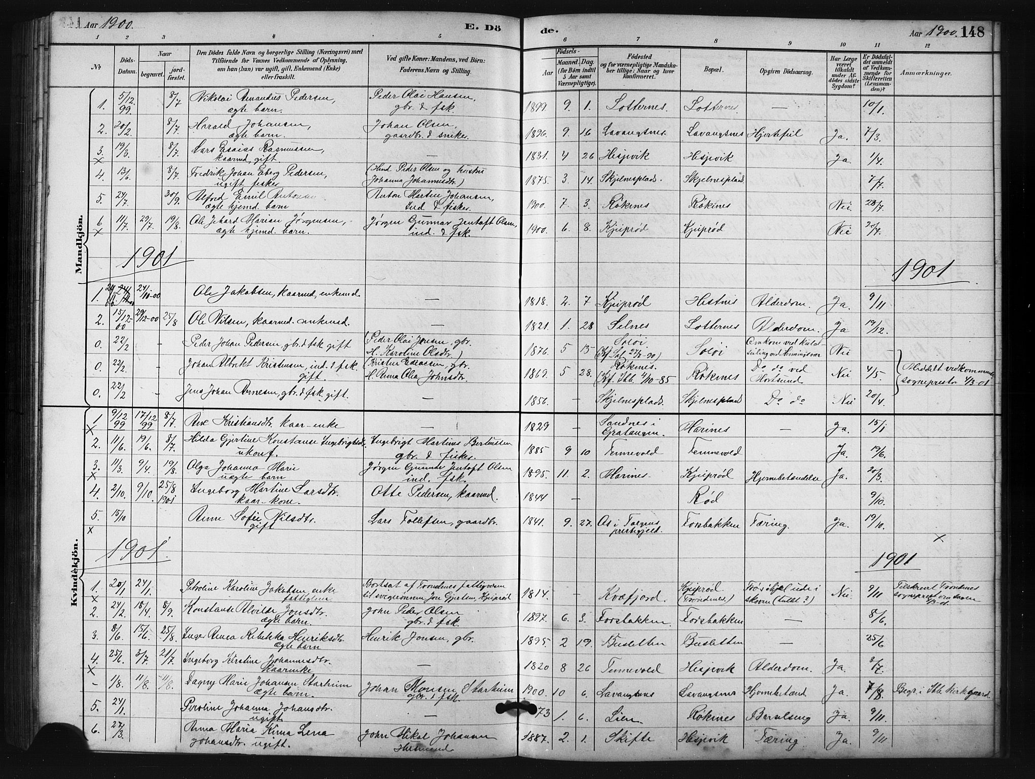 Salangen sokneprestembete, AV/SATØ-S-1324/H/Hb/L0001klokker: Klokkerbok nr. 1, 1893-1910, s. 148