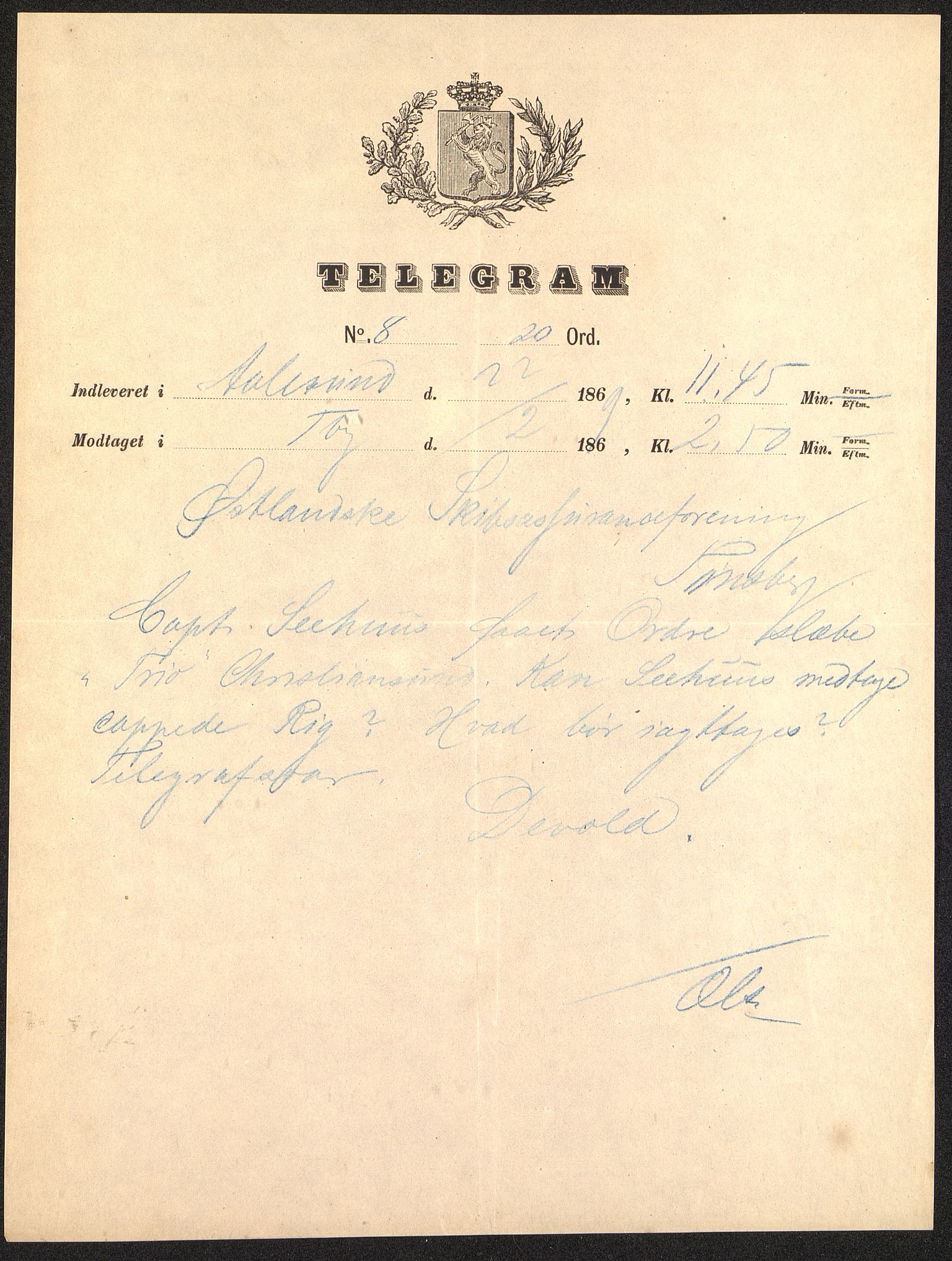 Pa 63 - Østlandske skibsassuranceforening, VEMU/A-1079/G/Ga/L0002/0005: Havaridokumenter / Trio, 1869
