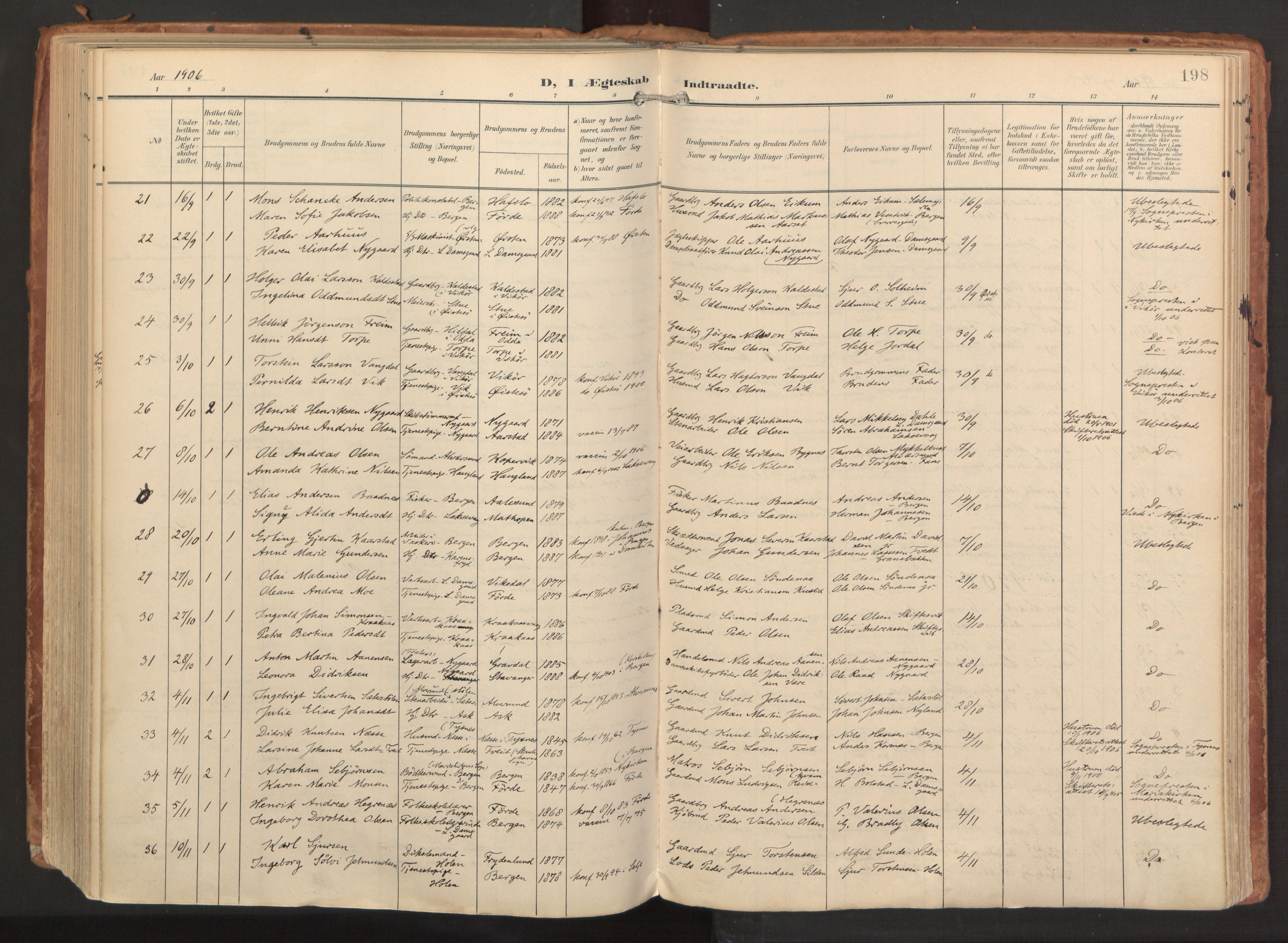 Laksevåg Sokneprestembete, AV/SAB-A-76501/H/Ha/Haa/Haaa/L0001: Ministerialbok nr. A 1, 1903-1917, s. 198