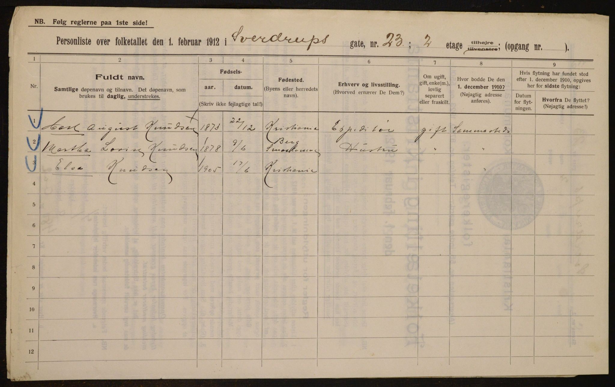 OBA, Kommunal folketelling 1.2.1912 for Kristiania, 1912, s. 105784