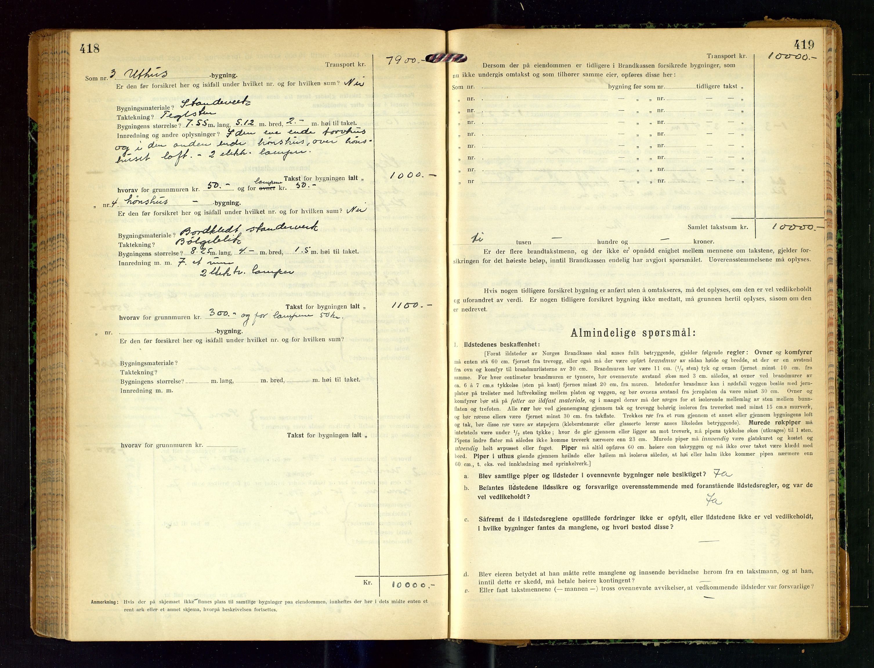 Klepp lensmannskontor, SAST/A-100163/Goc/L0011: "Brandtakstprotokoll" m/register, 1924-1929, s. 418-419