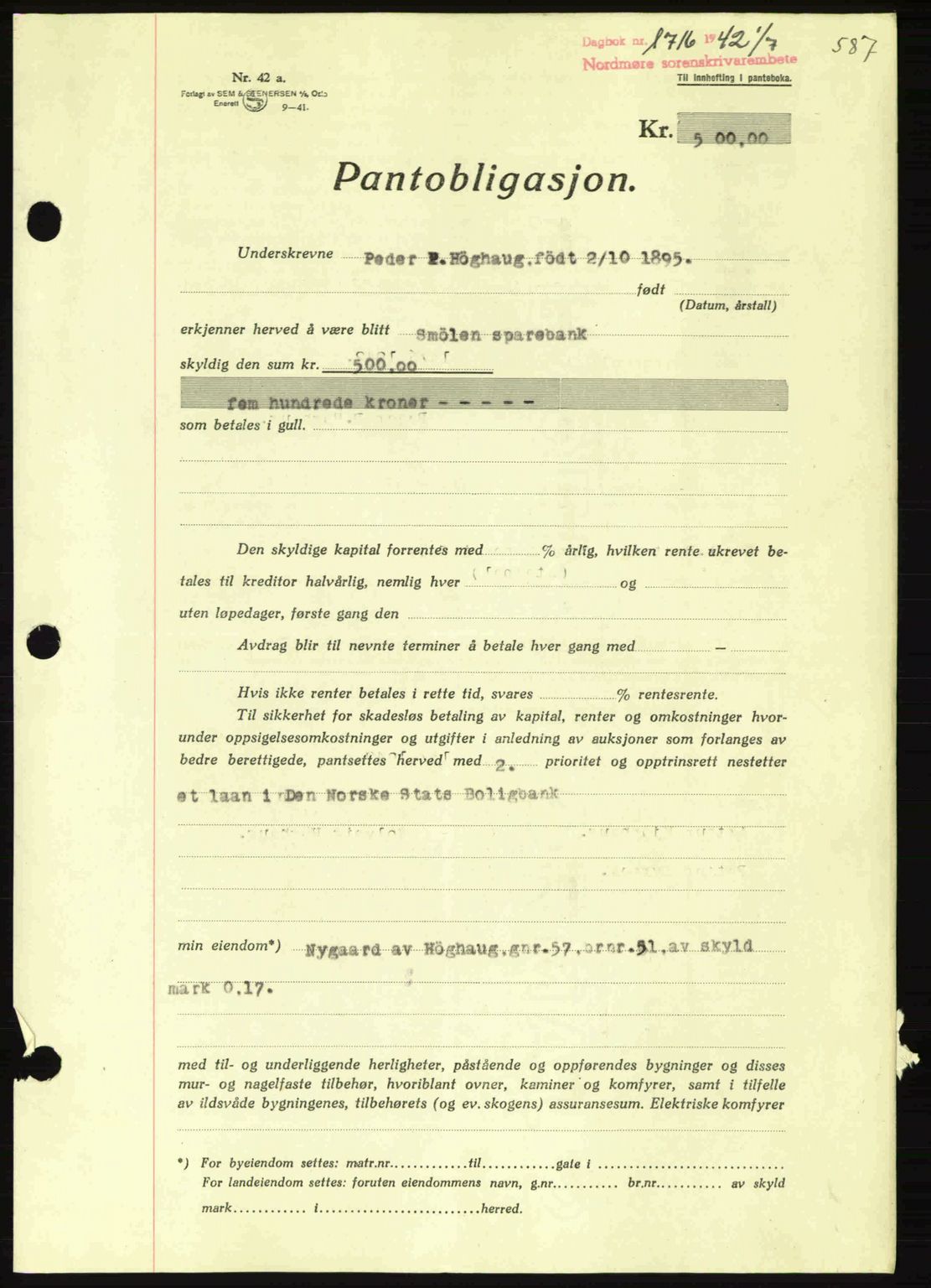 Nordmøre sorenskriveri, AV/SAT-A-4132/1/2/2Ca: Pantebok nr. B89, 1942-1942, Dagboknr: 1716/1942