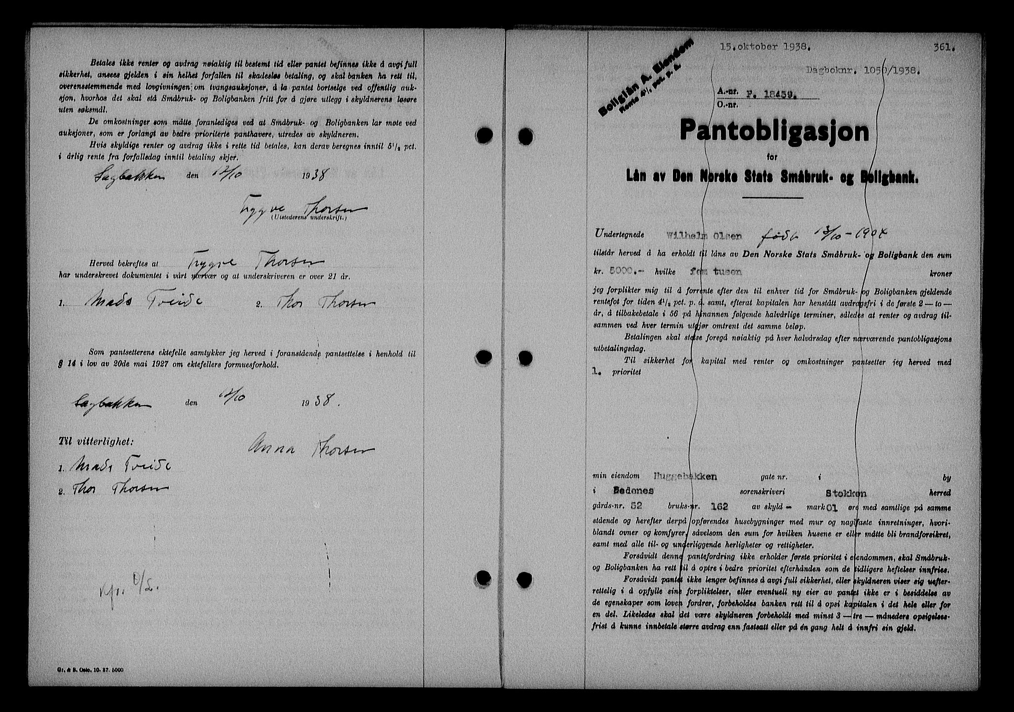 Nedenes sorenskriveri, SAK/1221-0006/G/Gb/Gba/L0045: Pantebok nr. 41, 1938-1938, Dagboknr: 1050/1938