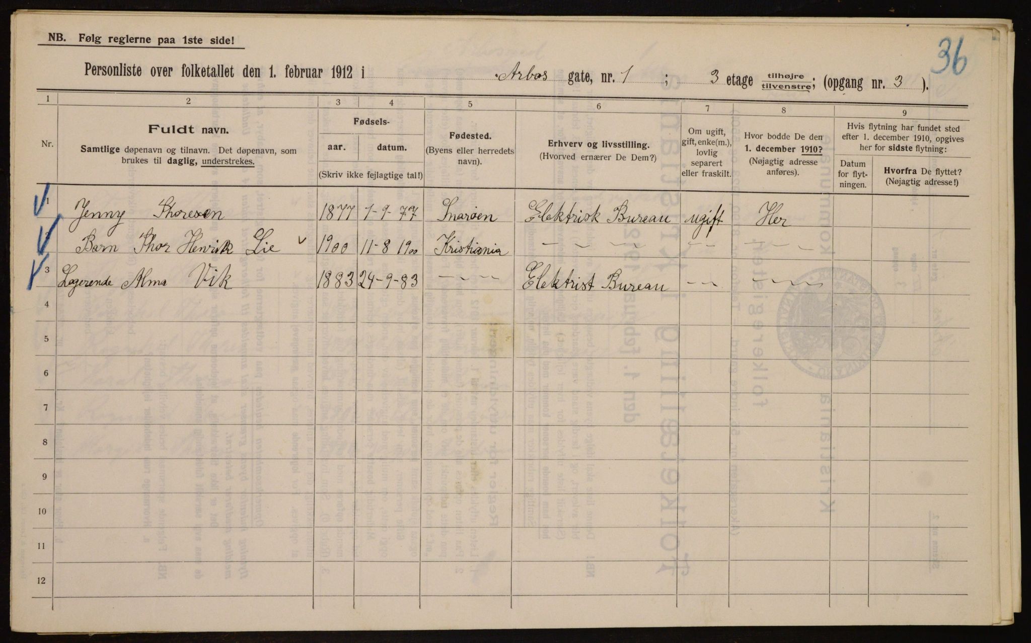 OBA, Kommunal folketelling 1.2.1912 for Kristiania, 1912, s. 1664