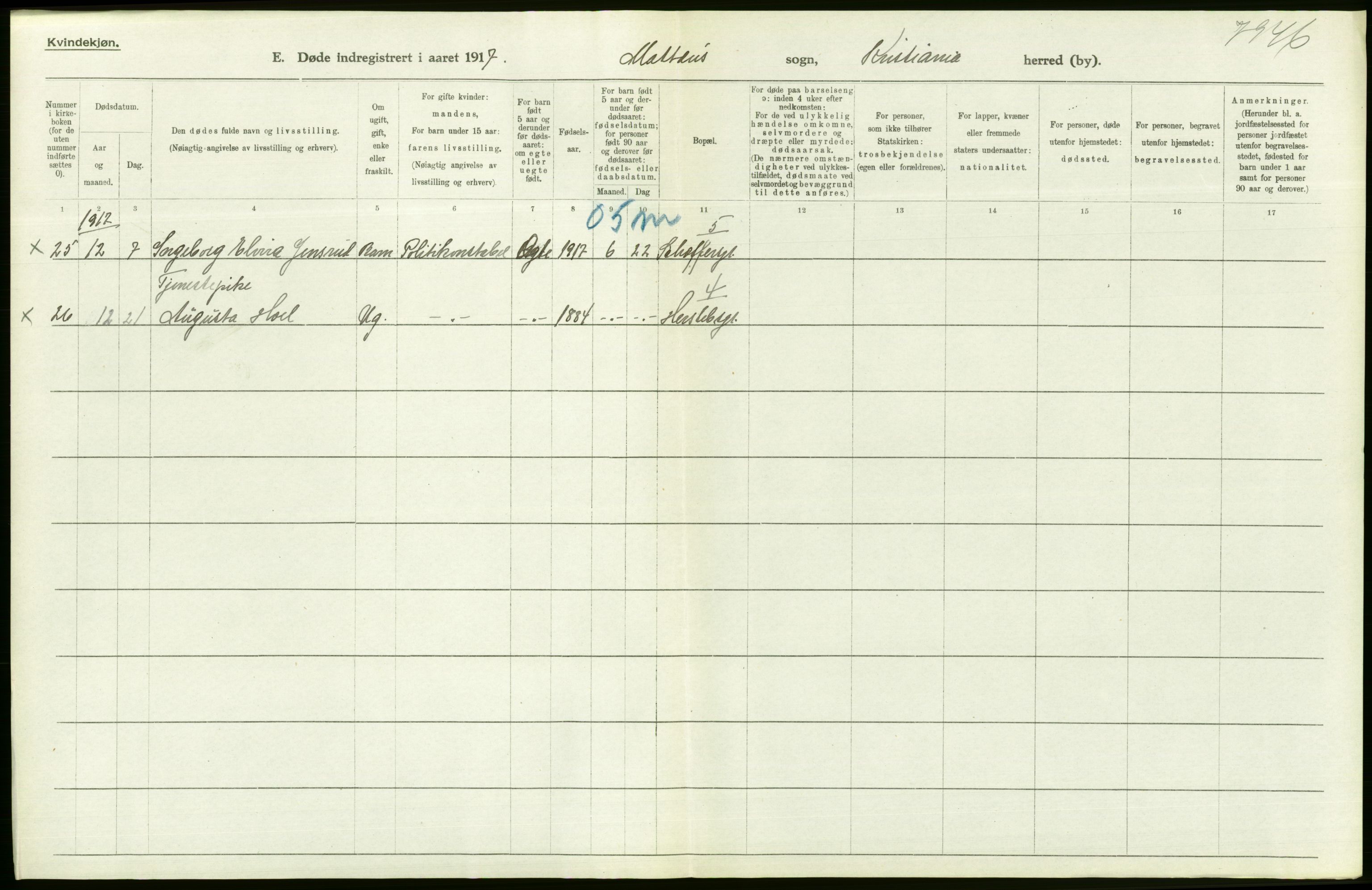 Statistisk sentralbyrå, Sosiodemografiske emner, Befolkning, RA/S-2228/D/Df/Dfb/Dfbg/L0010: Kristiania: Døde, 1917, s. 182