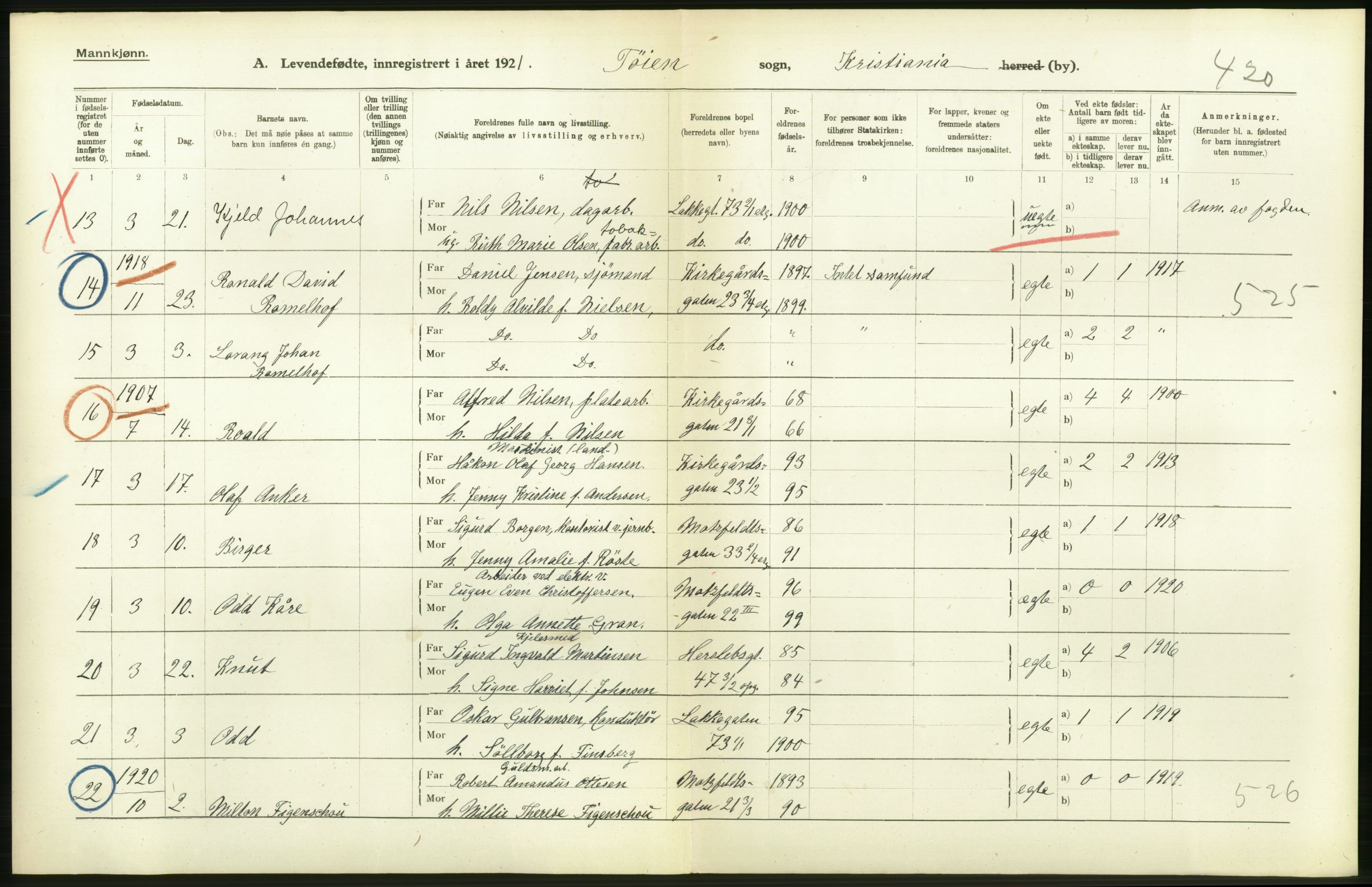 Statistisk sentralbyrå, Sosiodemografiske emner, Befolkning, RA/S-2228/D/Df/Dfc/Dfca/L0009: Kristiania: Levendefødte menn og kvinner., 1921, s. 278