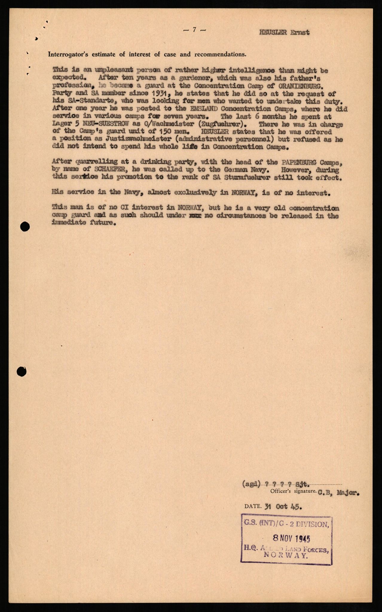 Forsvaret, Forsvarets overkommando II, AV/RA-RAFA-3915/D/Db/L0013: CI Questionaires. Tyske okkupasjonsstyrker i Norge. Tyskere., 1945-1946, s. 139