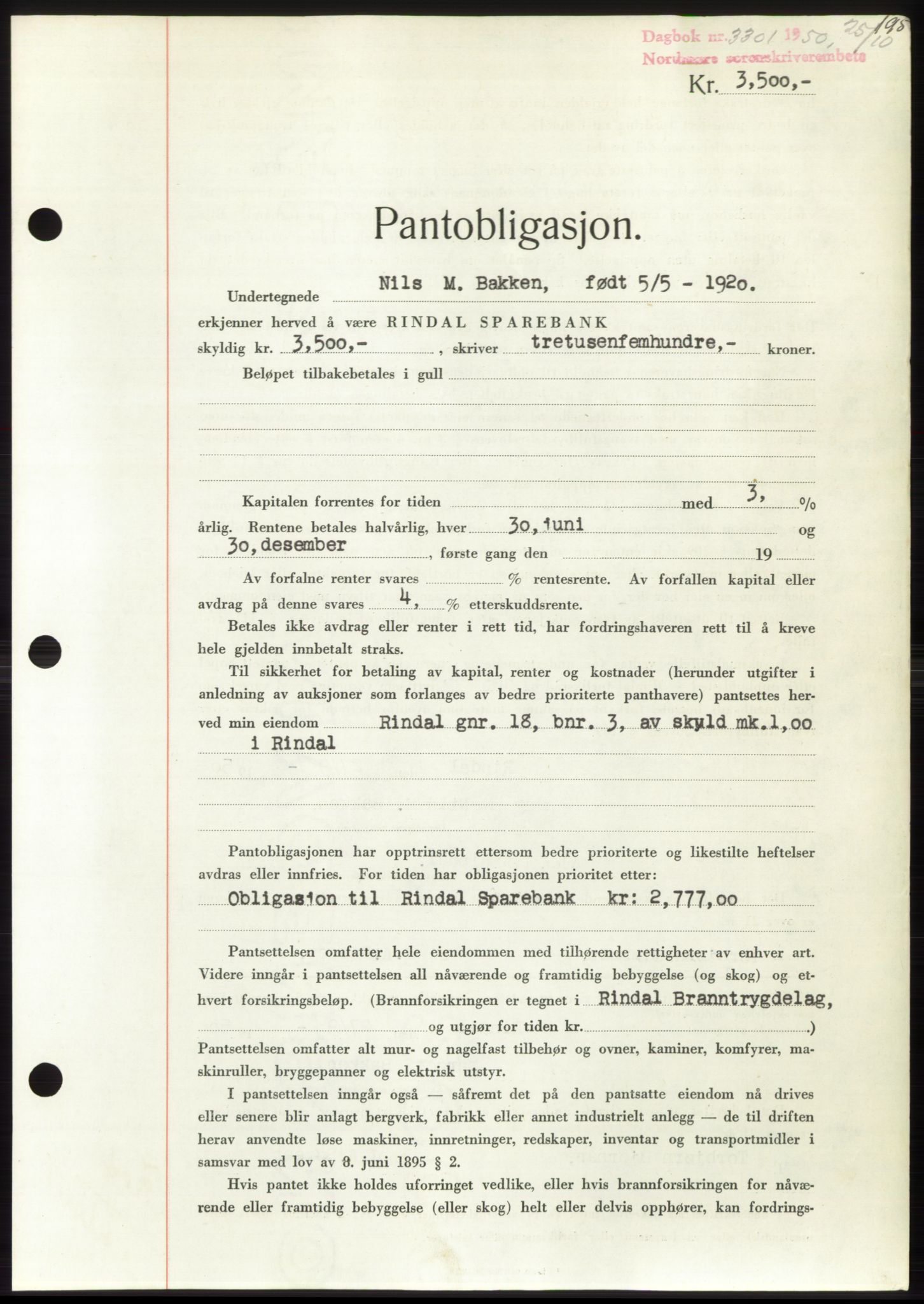 Nordmøre sorenskriveri, SAT/A-4132/1/2/2Ca: Pantebok nr. B106, 1950-1950, Dagboknr: 3301/1950