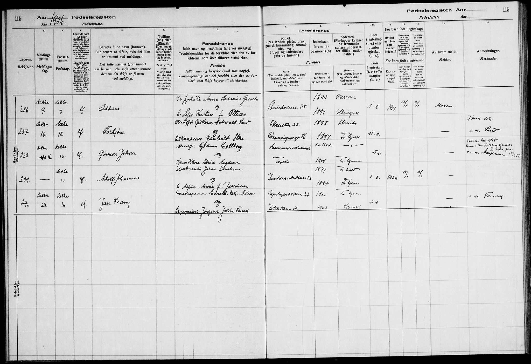 Ministerialprotokoller, klokkerbøker og fødselsregistre - Sør-Trøndelag, SAT/A-1456/600/L0004: Fødselsregister nr. 600.II.4.3, 1924-1928, s. 115