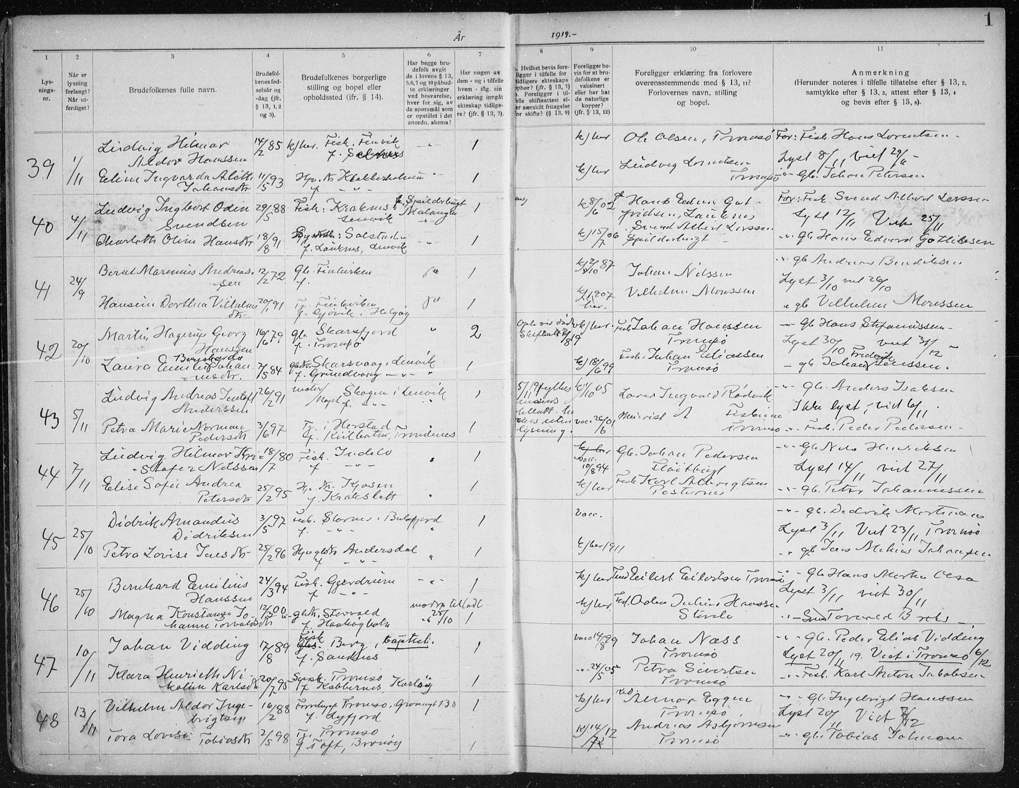 Tromsøysund sokneprestkontor, AV/SATØ-S-1304/H/Hc/L0059: Lysningsprotokoll nr. 59, 1919-1937, s. 1