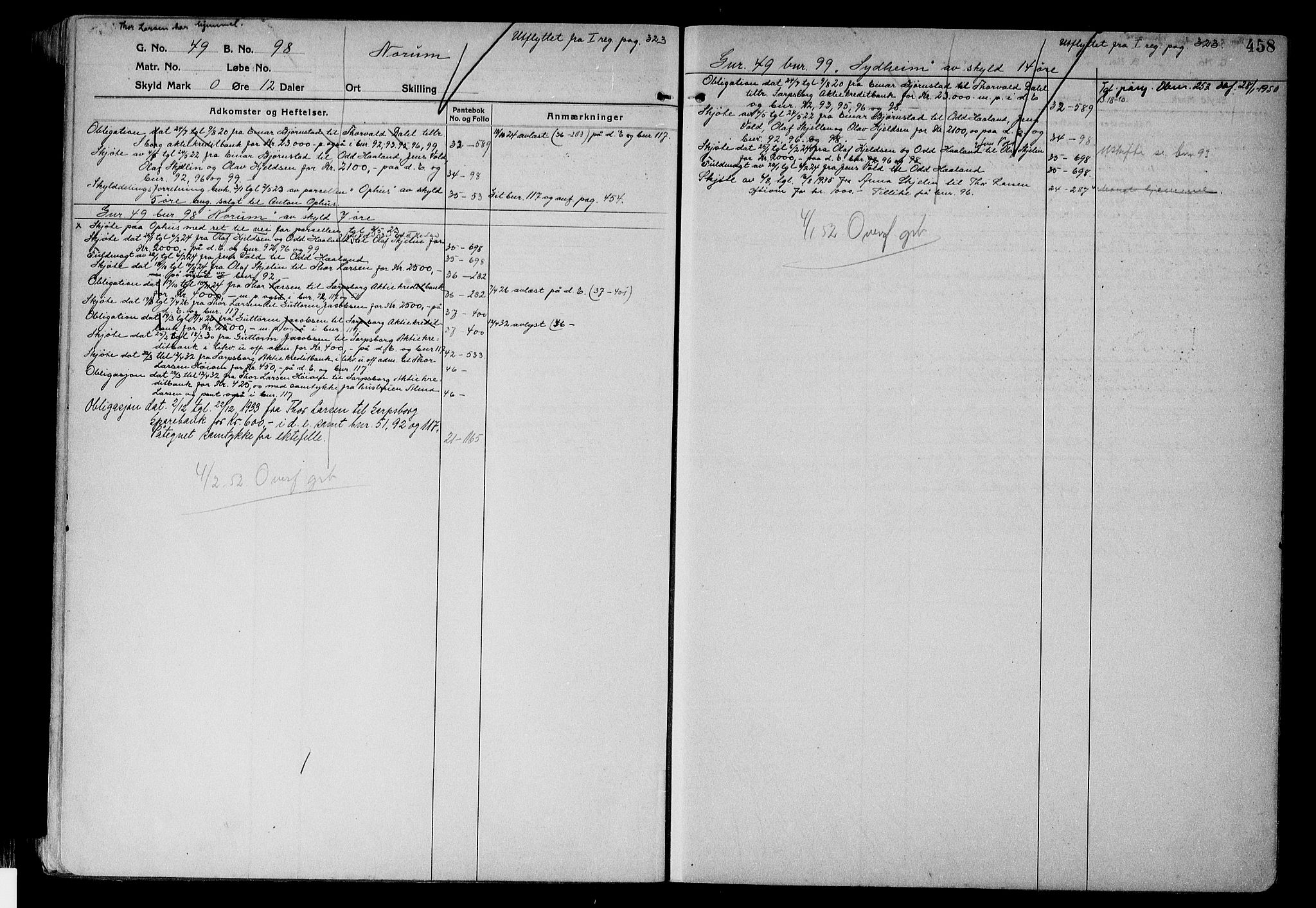 Tune sorenskriveri, AV/SAO-A-10470/G/Ga/Gab/Gabf/L0002b: Panteregister nr. VI 2b, 1910-1953, s. 458