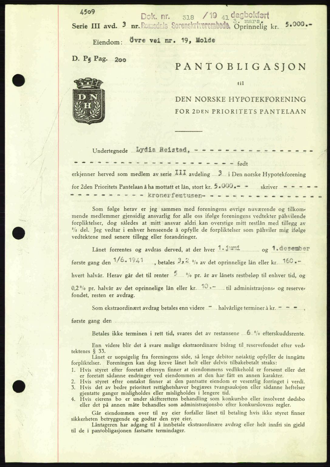 Romsdal sorenskriveri, SAT/A-4149/1/2/2C: Pantebok nr. B2, 1939-1945, Dagboknr: 318/1941