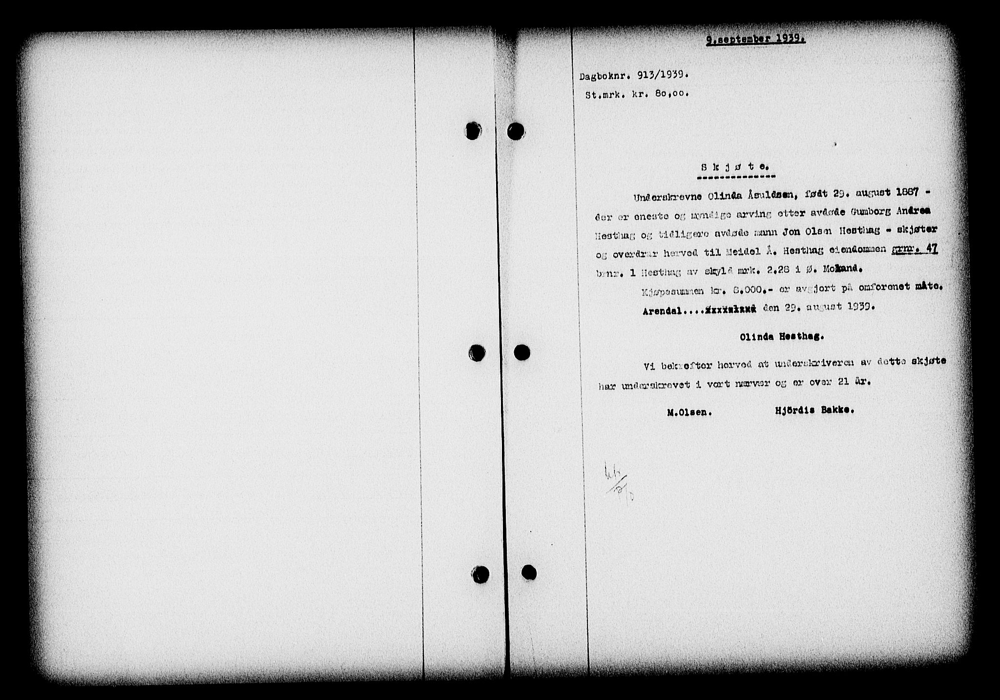 Nedenes sorenskriveri, SAK/1221-0006/G/Gb/Gba/L0047: Pantebok nr. A-I, 1939-1940, Dagboknr: 913/1939