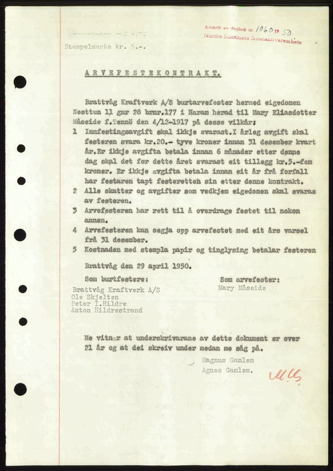 Nordre Sunnmøre sorenskriveri, SAT/A-0006/1/2/2C/2Ca: Pantebok nr. A34, 1950-1950, Dagboknr: 1060/1950