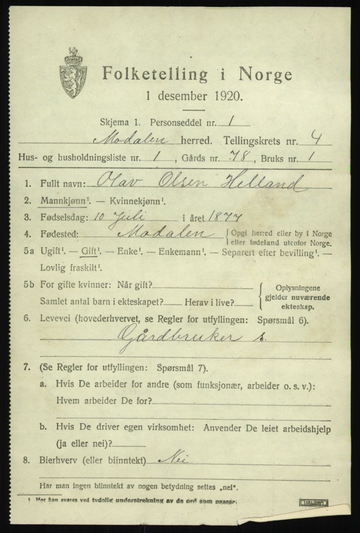 SAB, Folketelling 1920 for 1252 Modalen herred, 1920, s. 804