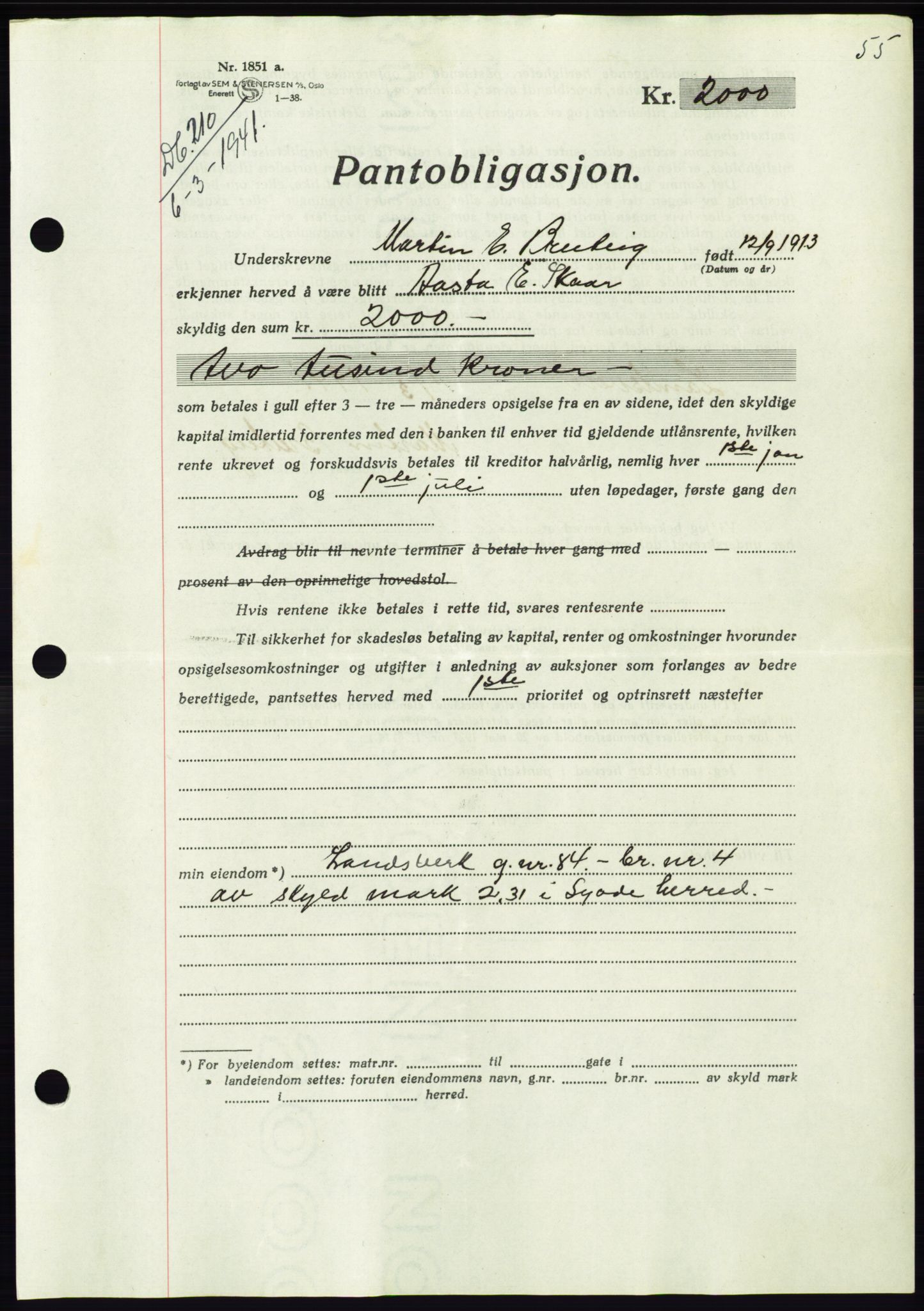 Søre Sunnmøre sorenskriveri, AV/SAT-A-4122/1/2/2C/L0071: Pantebok nr. 65, 1941-1941, Dagboknr: 210/1941