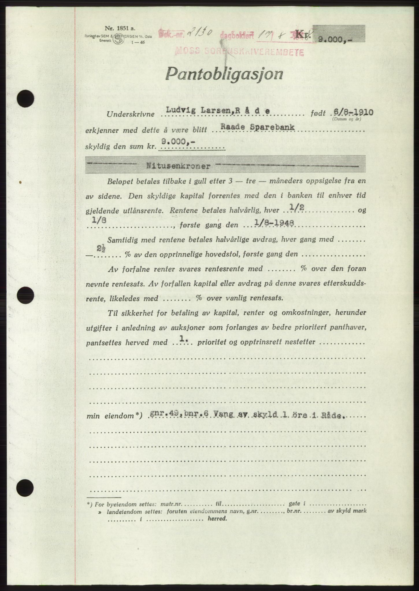 Moss sorenskriveri, AV/SAO-A-10168: Pantebok nr. B20, 1948-1948, Dagboknr: 2130/1948