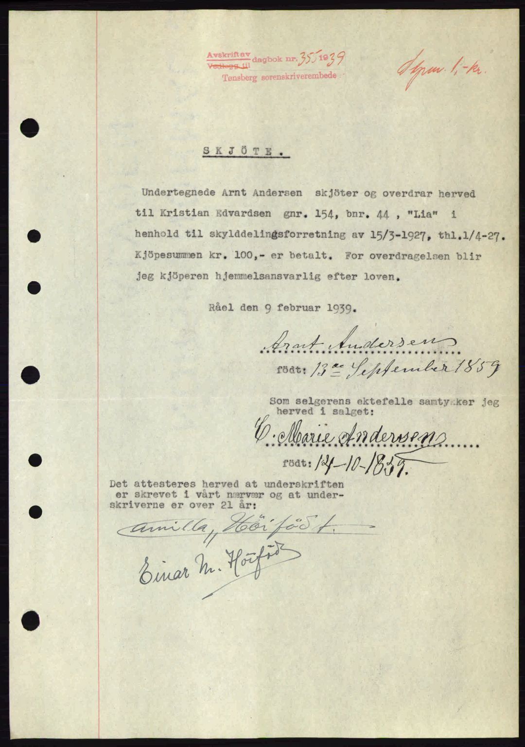 Jarlsberg sorenskriveri, SAKO/A-131/G/Ga/Gaa/L0006: Pantebok nr. A-6, 1938-1939, Dagboknr: 355/1939