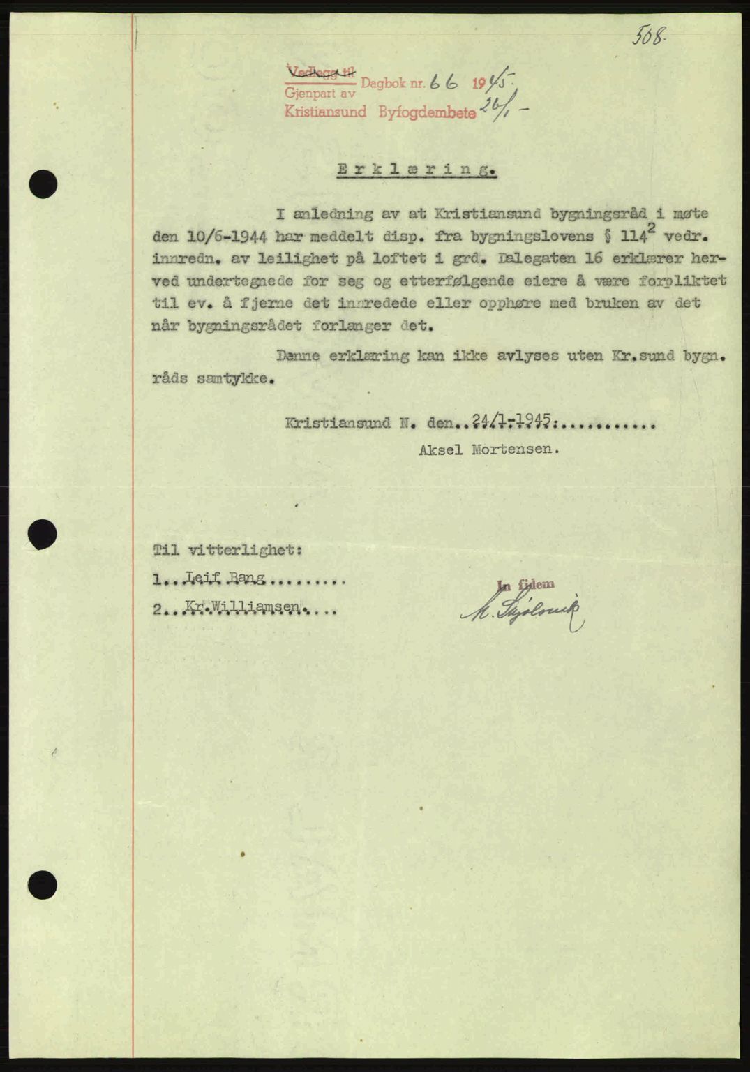 Kristiansund byfogd, SAT/A-4587/A/27: Pantebok nr. 37-38, 1943-1945, Dagboknr: 66/1945
