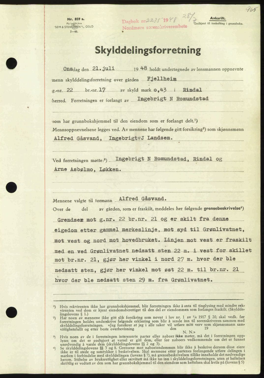 Nordmøre sorenskriveri, SAT/A-4132/1/2/2Ca: Pantebok nr. A108, 1948-1948, Dagboknr: 2235/1948
