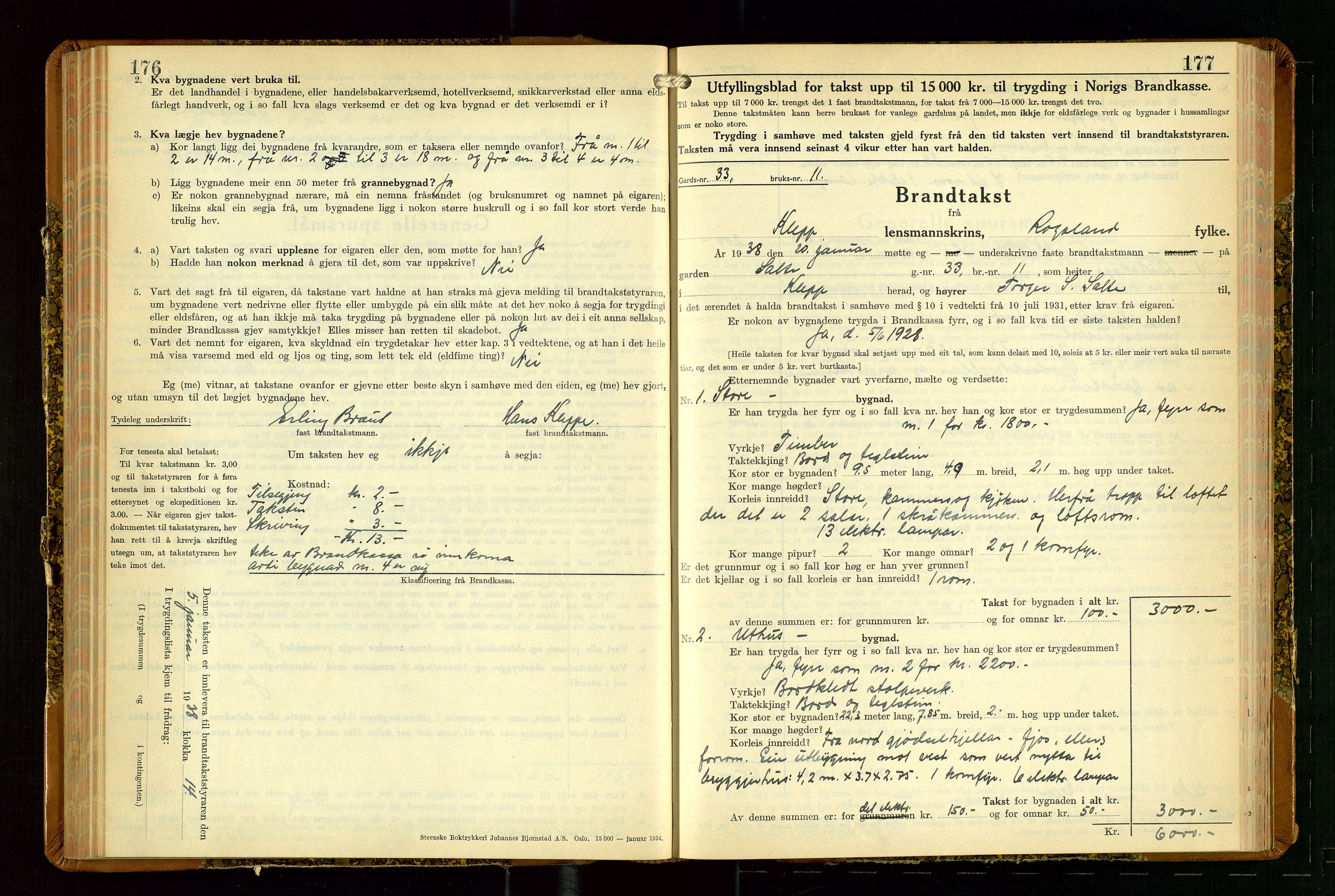 Klepp lensmannskontor, SAST/A-100163/Goc/L0014: "Brandtakstbok" m/register, 1937-1939, s. 176-177