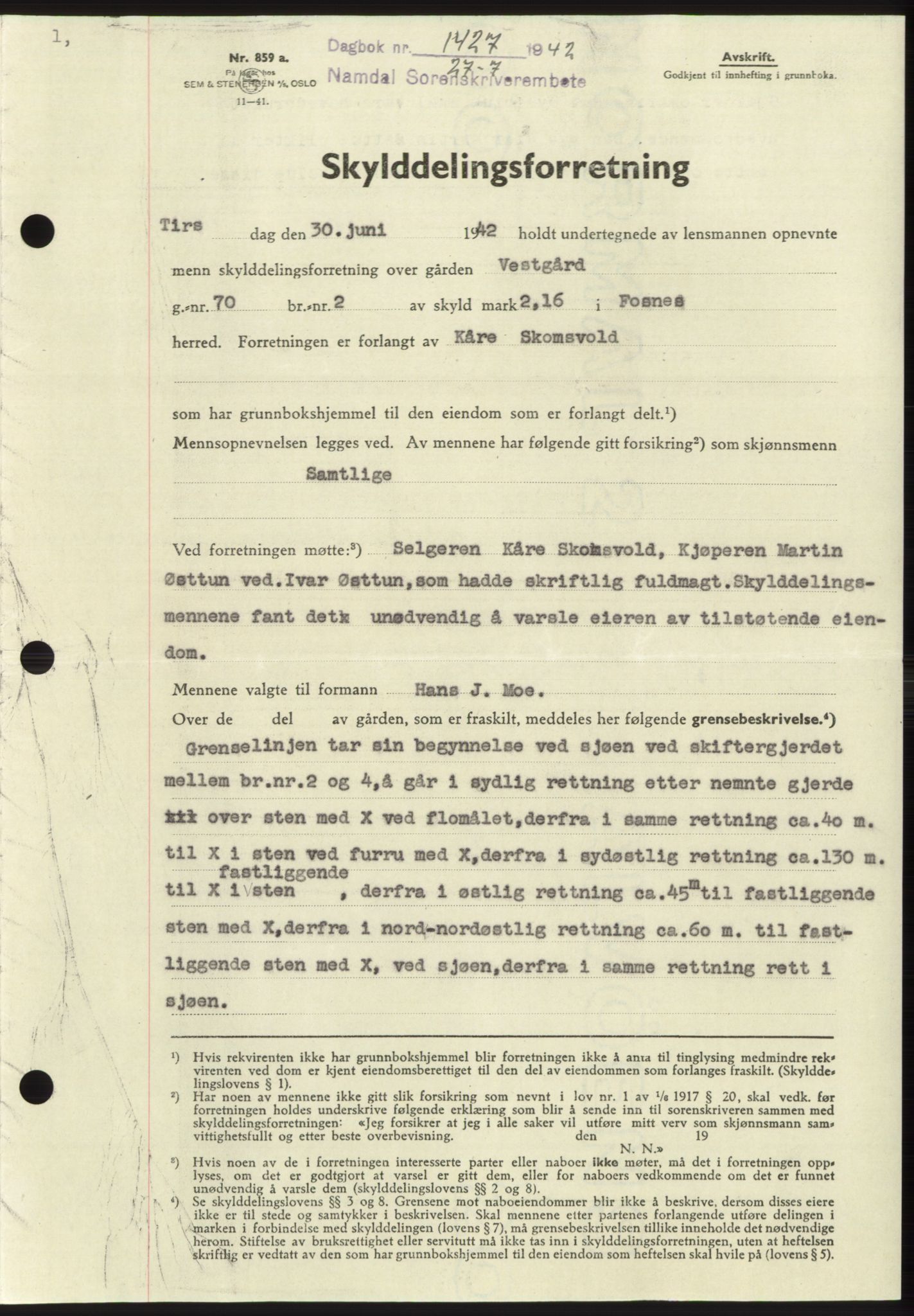 Namdal sorenskriveri, SAT/A-4133/1/2/2C: Pantebok nr. -, 1942-1943, Dagboknr: 1427/1942