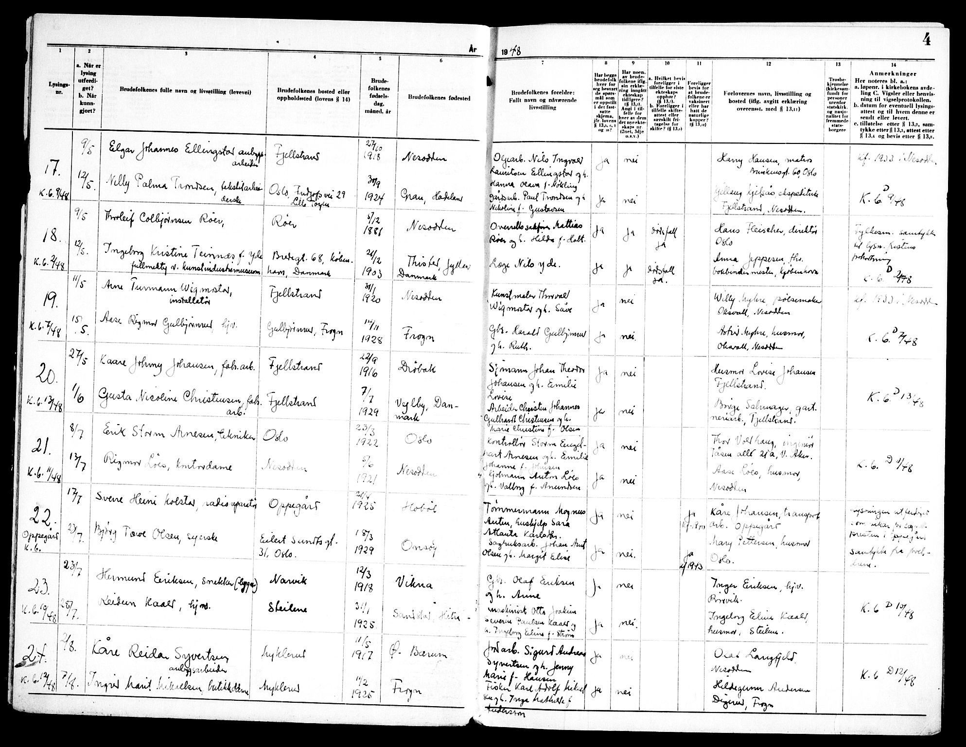 Nesodden prestekontor Kirkebøker, AV/SAO-A-10013/H/Ha/L0002: Lysningsprotokoll nr. 2, 1948-1973, s. 4