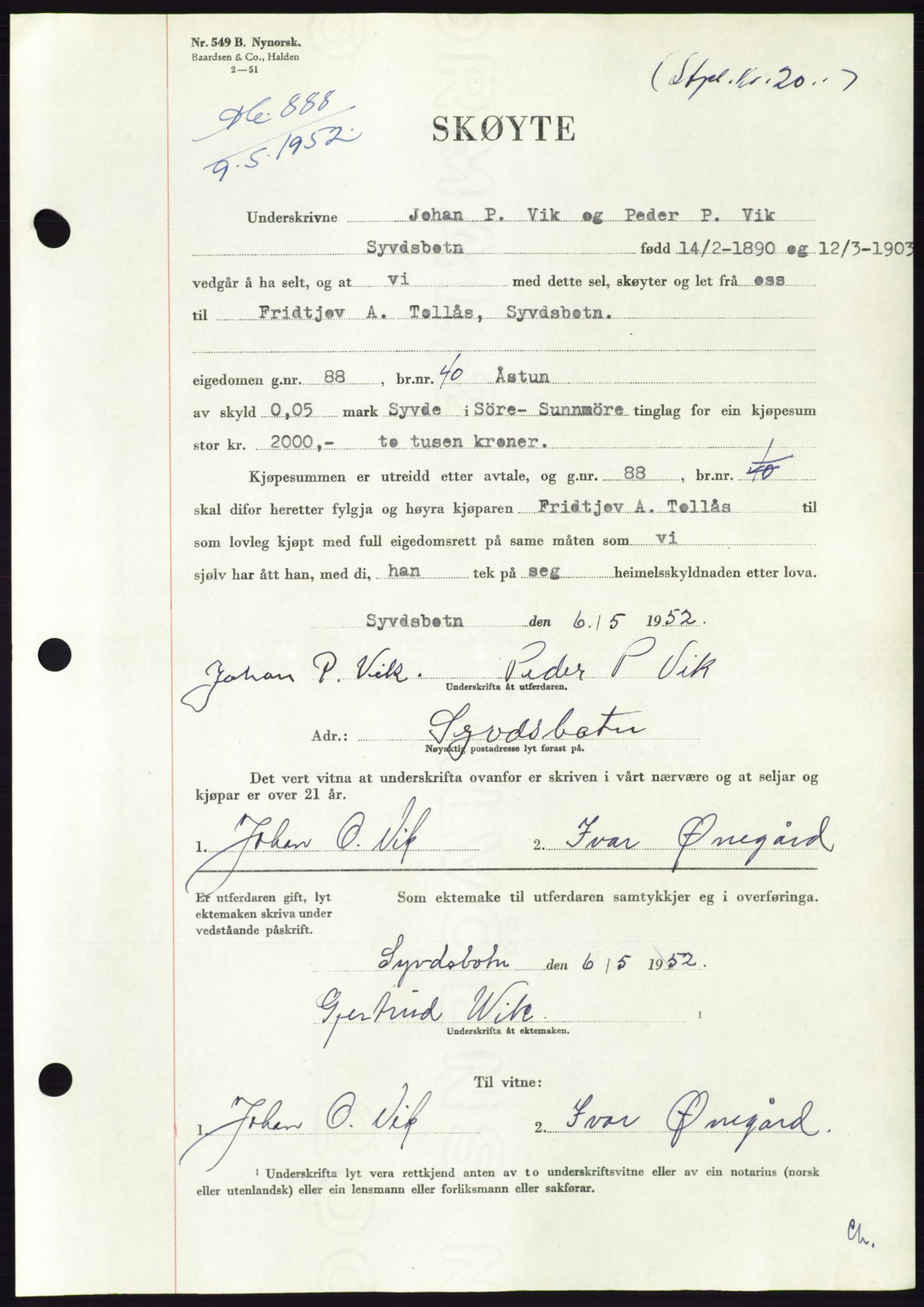 Søre Sunnmøre sorenskriveri, AV/SAT-A-4122/1/2/2C/L0092: Pantebok nr. 18A, 1952-1952, Dagboknr: 888/1952