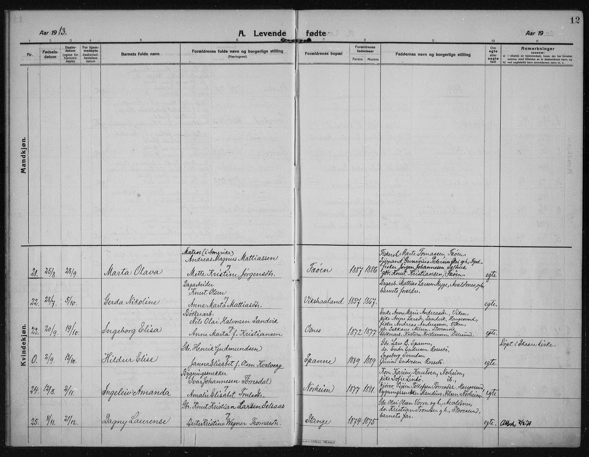 Torvastad sokneprestkontor, AV/SAST-A -101857/H/Ha/Haa/L0019: Ministerialbok nr. A 18, 1912-1920, s. 12