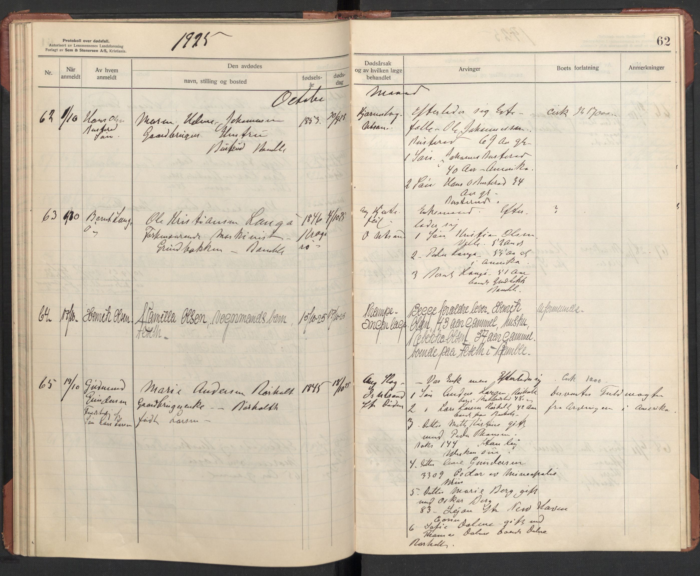 Bamble lensmannskontor, AV/SAKO-A-552/H/Ha/Haa/L0004: Dødsfallsprotokoll, 1923-1926, s. 62