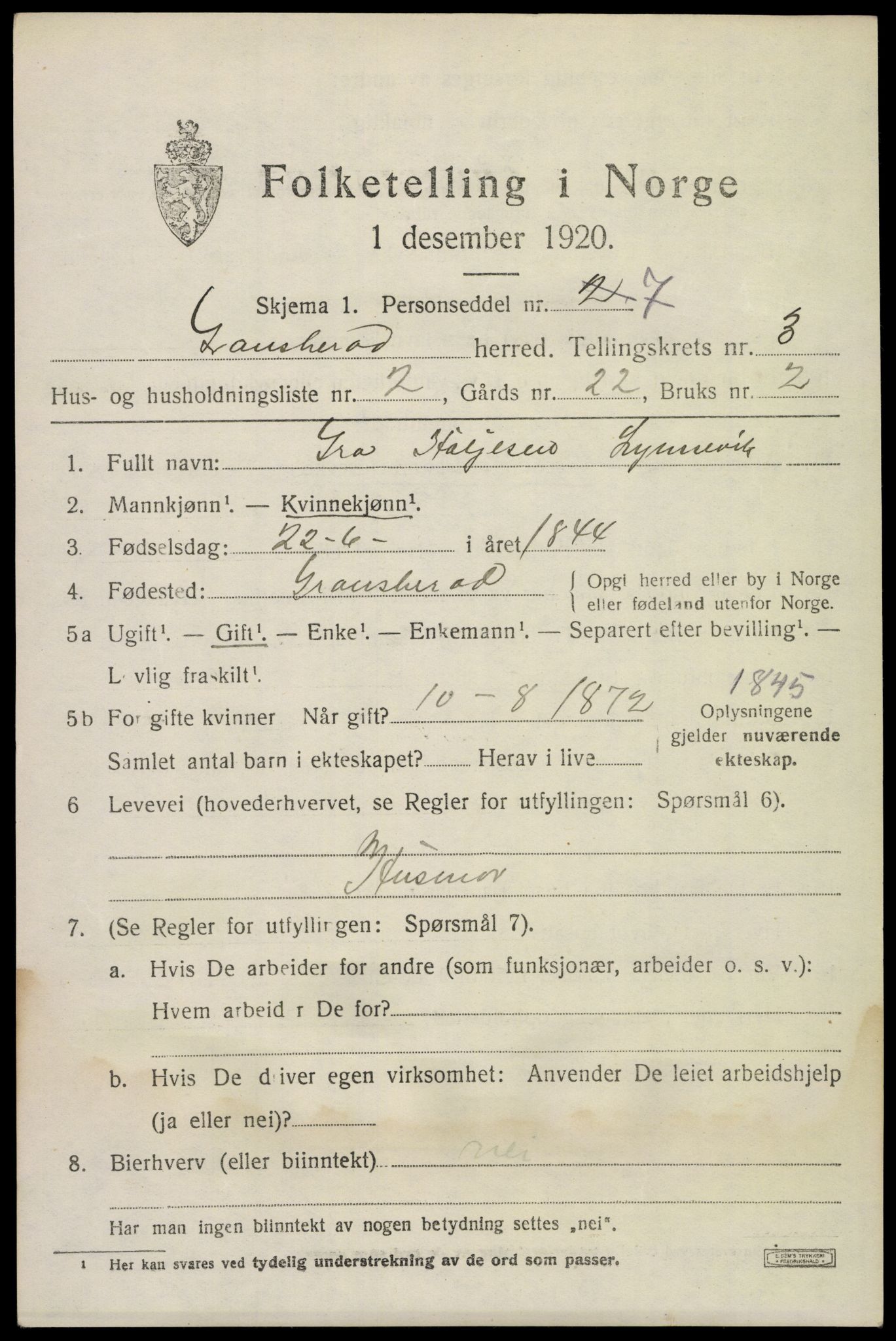 SAKO, Folketelling 1920 for 0824 Gransherad herred, 1920, s. 1424
