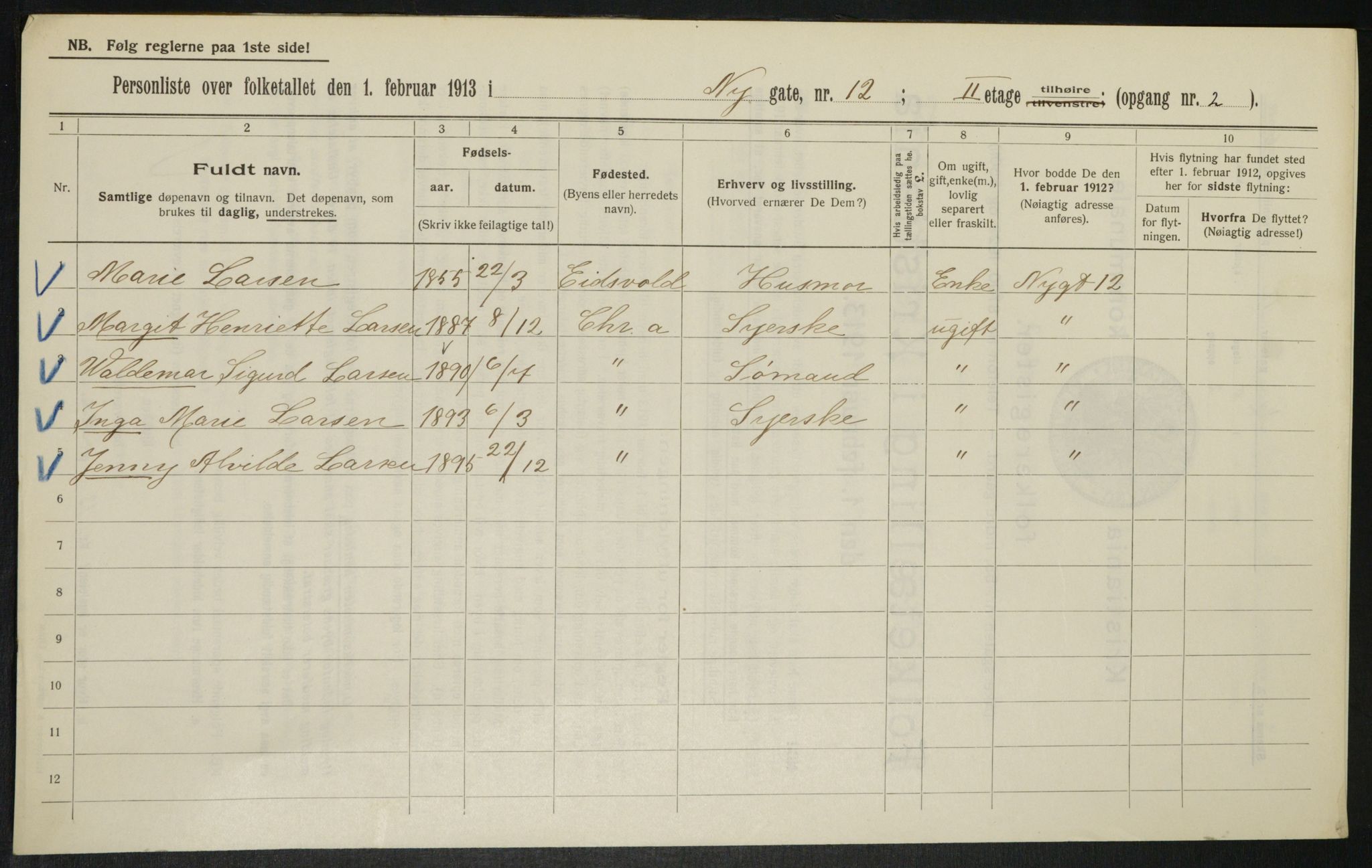 OBA, Kommunal folketelling 1.2.1913 for Kristiania, 1913, s. 74100