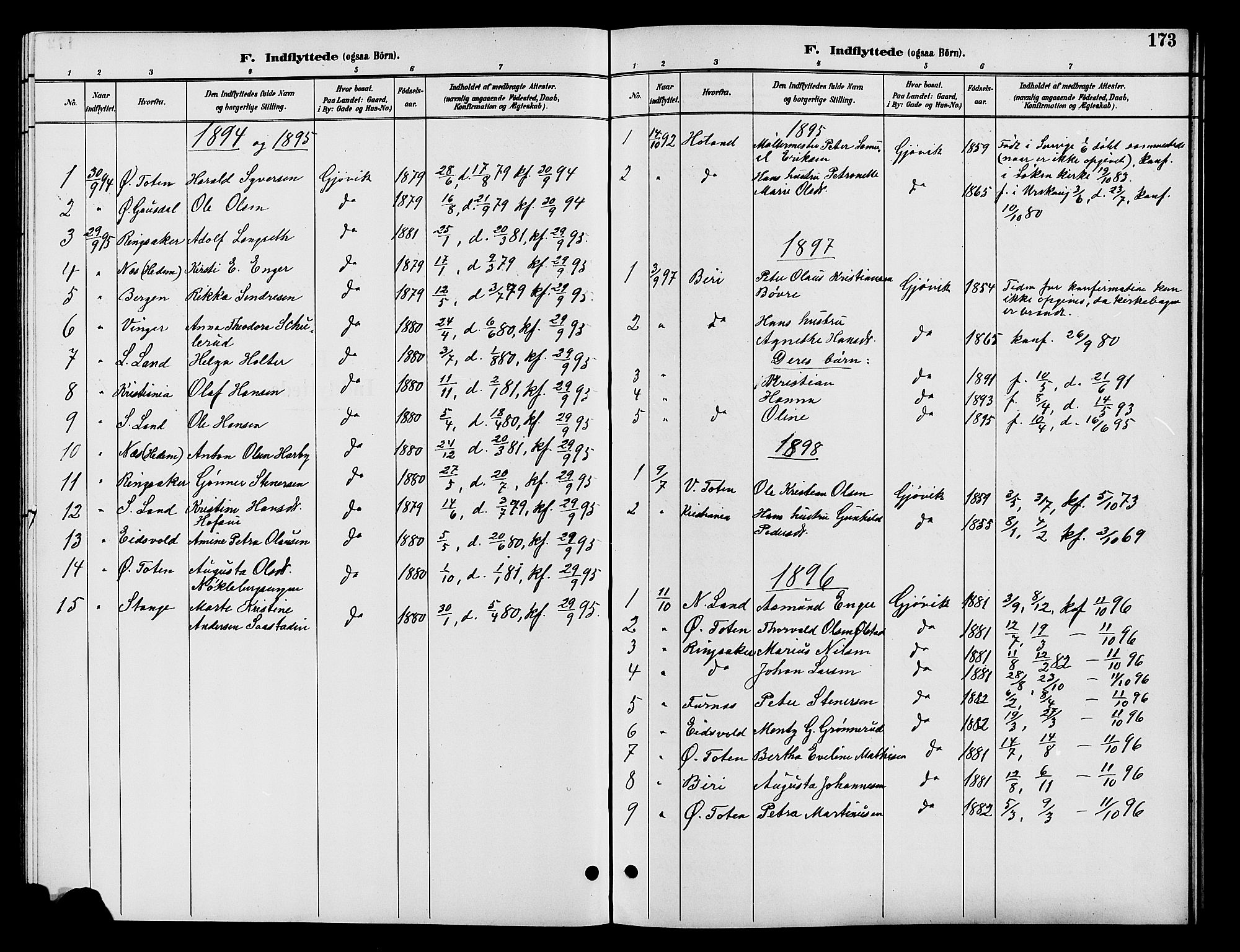 Vardal prestekontor, AV/SAH-PREST-100/H/Ha/Hab/L0009: Klokkerbok nr. 9, 1894-1902, s. 173