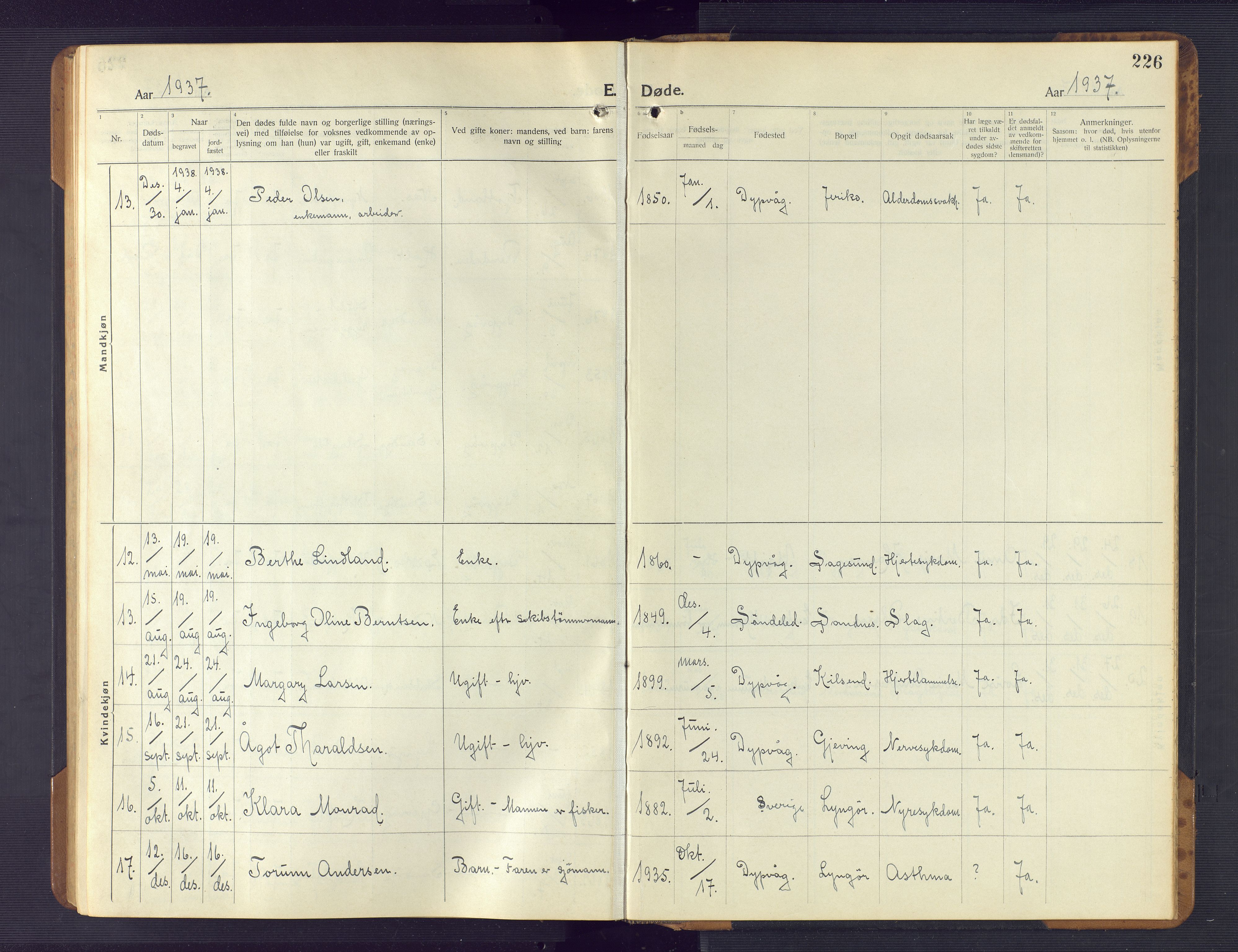 Dypvåg sokneprestkontor, AV/SAK-1111-0007/F/Fb/Fba/L0015: Klokkerbok nr. B 15, 1922-1949, s. 226