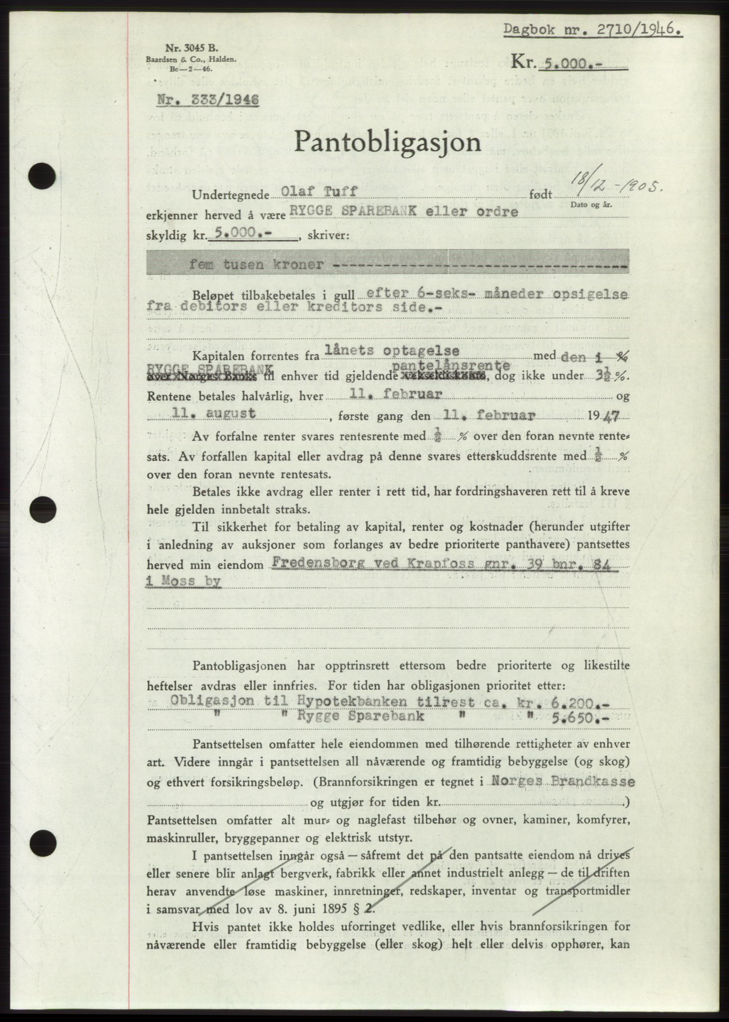Moss sorenskriveri, SAO/A-10168: Pantebok nr. B16, 1946-1947, Dagboknr: 2710/1946