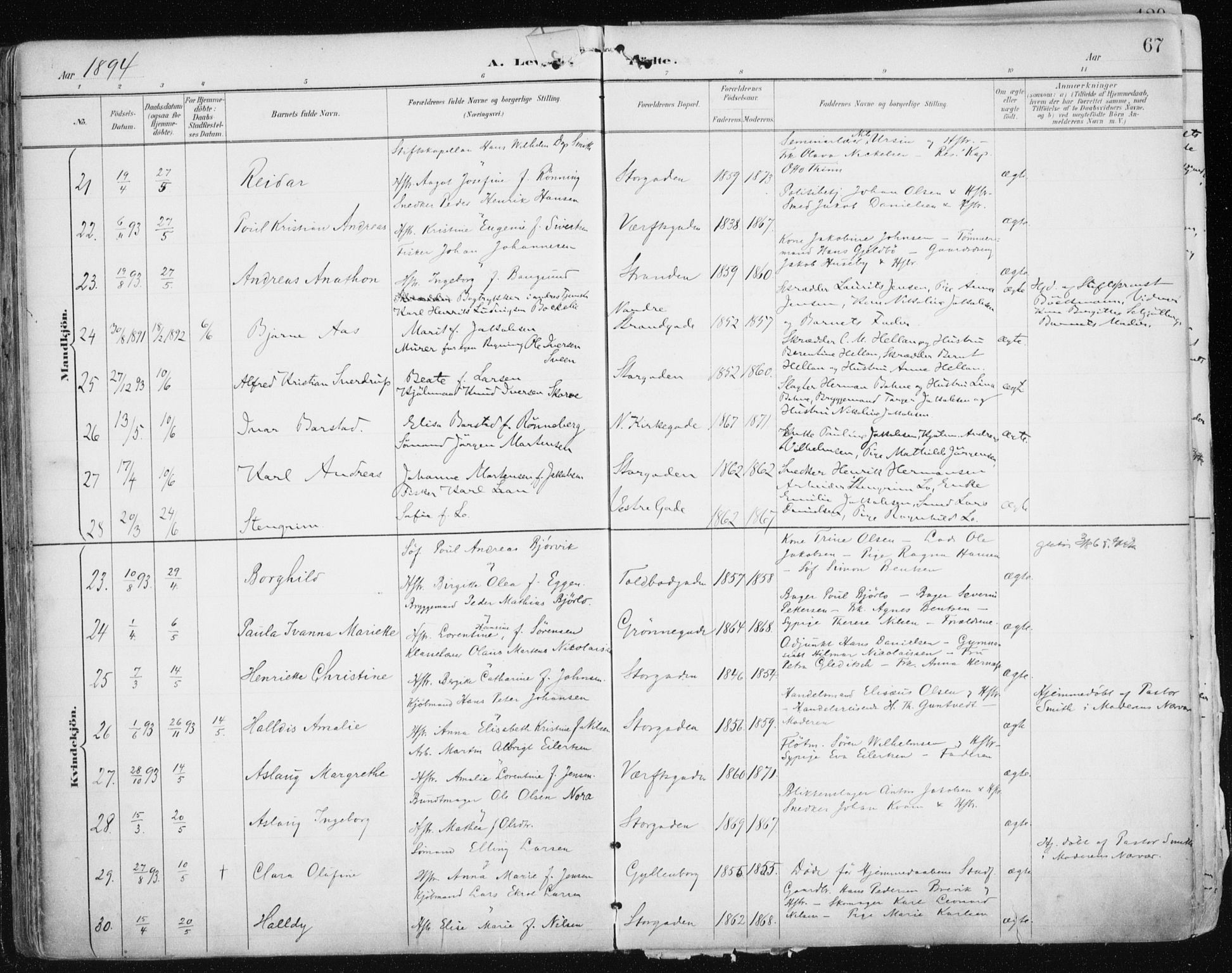 Tromsø sokneprestkontor/stiftsprosti/domprosti, AV/SATØ-S-1343/G/Ga/L0015kirke: Ministerialbok nr. 15, 1889-1899, s. 67