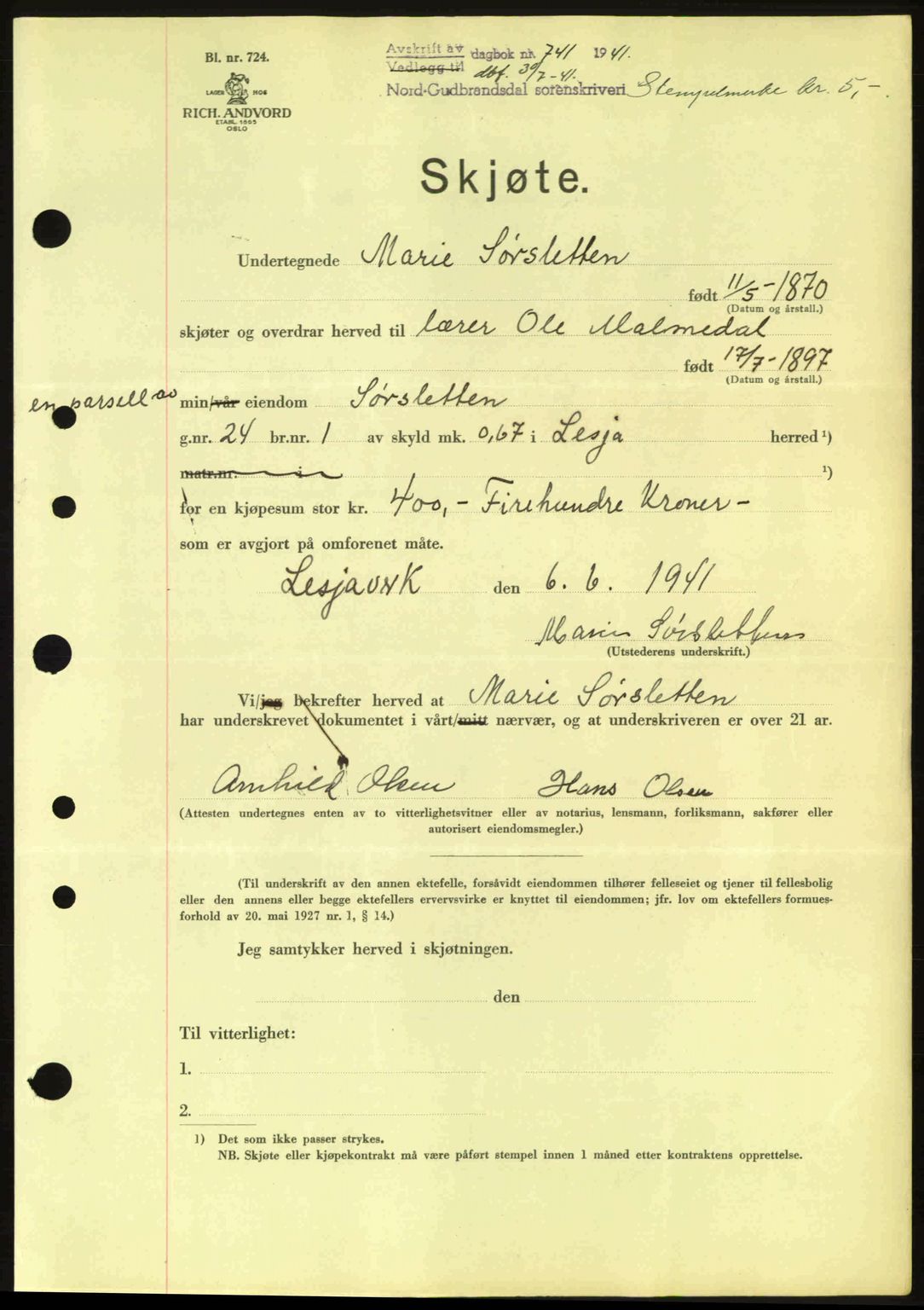 Nord-Gudbrandsdal tingrett, SAH/TING-002/H/Hb/Hbb/L0007: Pantebok nr. FA7, 1941-1941, Dagboknr: 741/1941